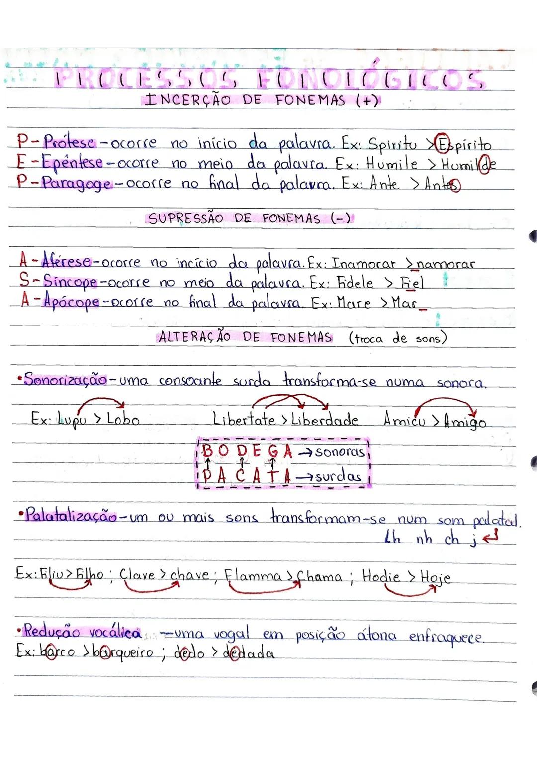 --- OCR Start ---
PROCESSOS FONOLÓGICOS
INCERÇÃO DE FONEMAS (+)
P-Protese-ocorre no início da palavra. Ex: Spiritu Espirito
E-Epéntese-ocorr