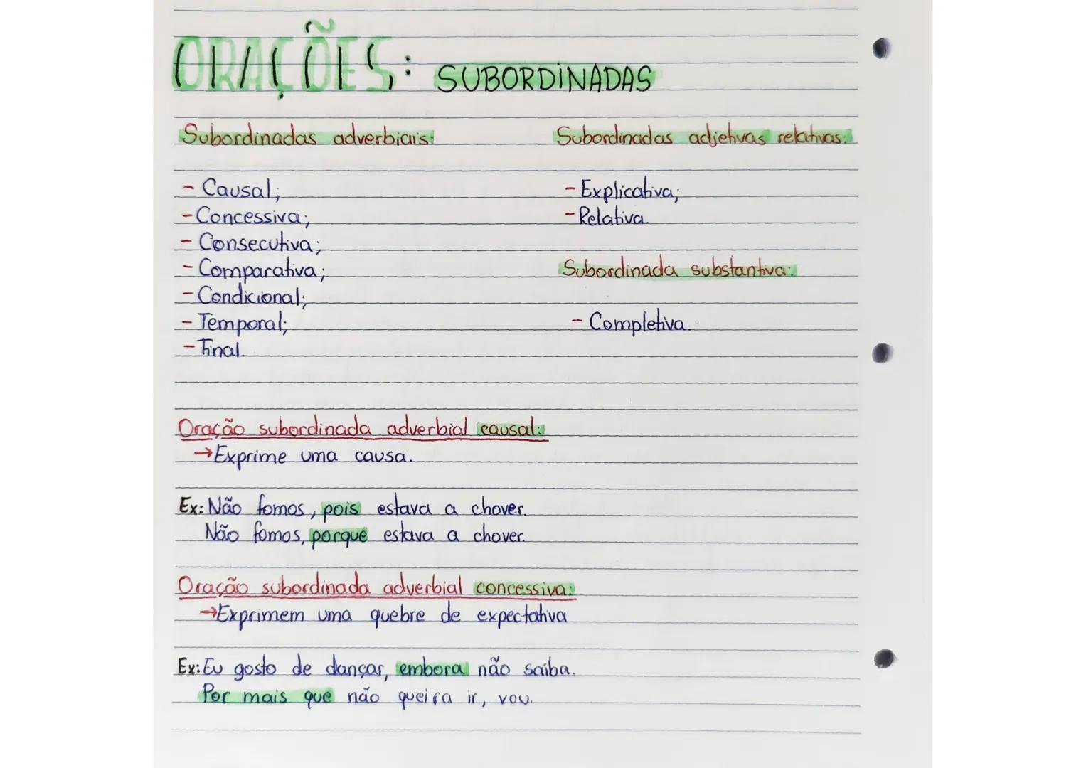 --- OCR Start ---
2
ONLOES: SUBORDINADAS
Subordinadas adverbiaist
Subordinadas adjetivas relativas:
- Causal,
-Concessiva;
- Explicativa; -R