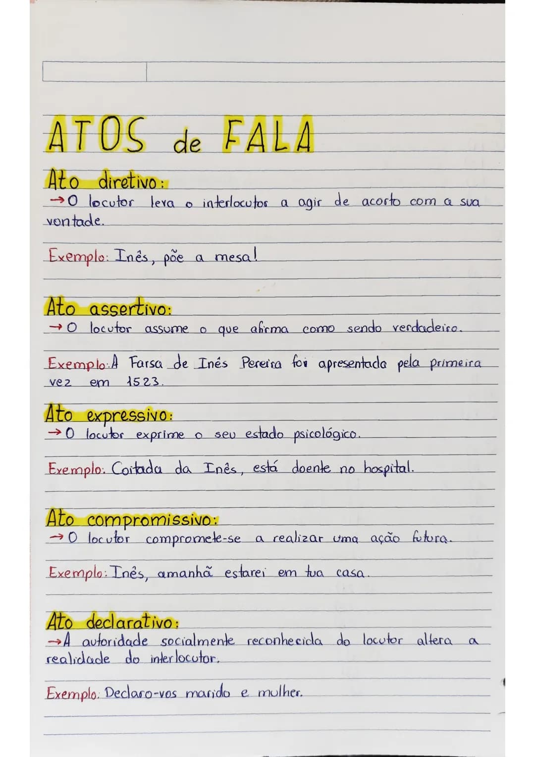 # ATOS de FALA
Ato diretivo:
- →0 locutor leva o interlocutor a agir de acorto com a sua
vontade.
Exemplo: Inês, põe a mesa!
Ato assertiv