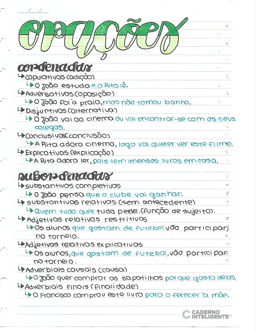 --- OCR Start ---
condenadas
Copulativas (adição)
LO João estuda e a Rita lê.
Adversativas (oposição)
LO João foi à praia, mas não tomou ban