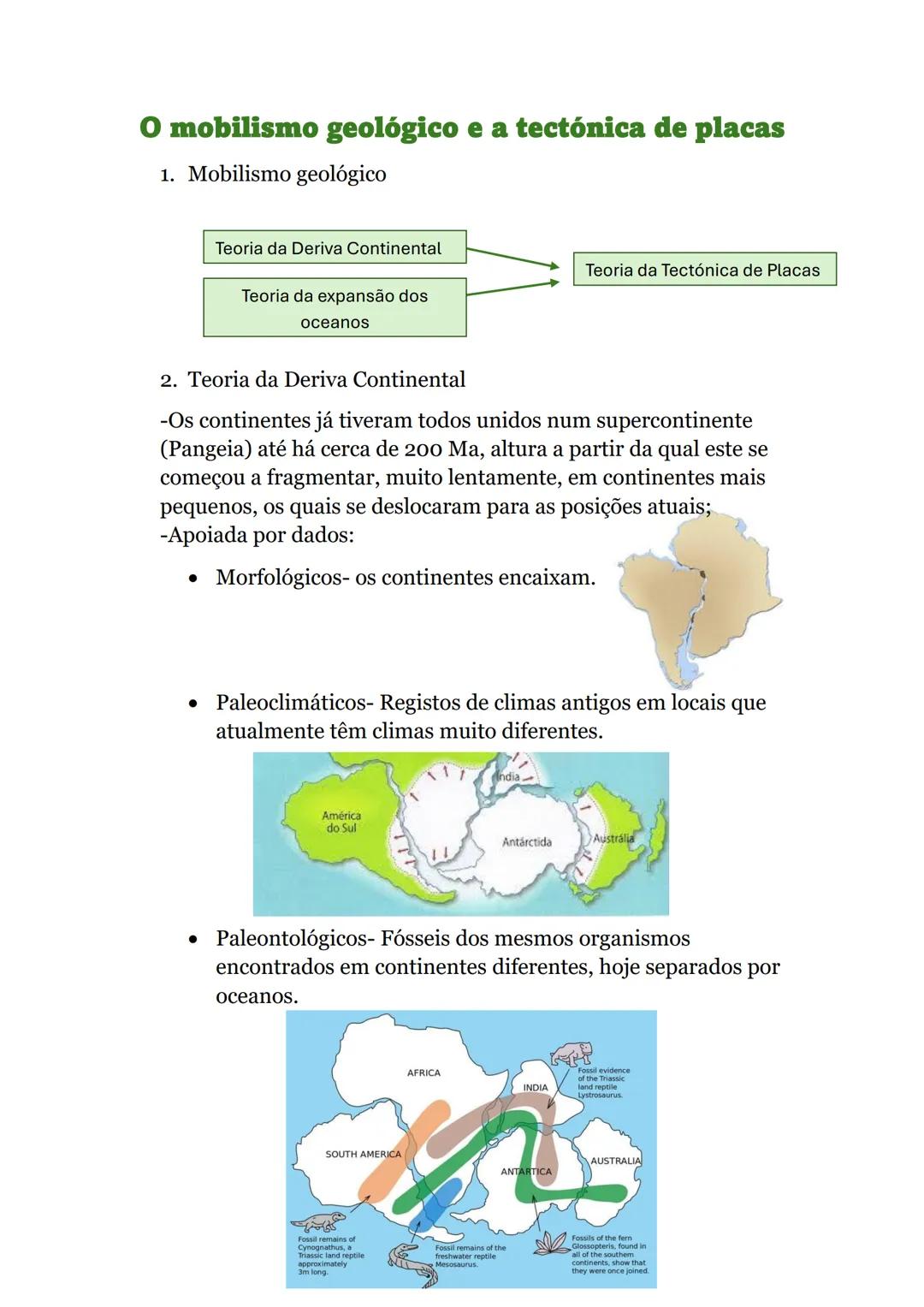 # O mobilismo geológico e a tectónica de placas
1. Mobilismo geológico
Teoria da Deriva Continental
Teoria da expansão dos
oceanos
Teori