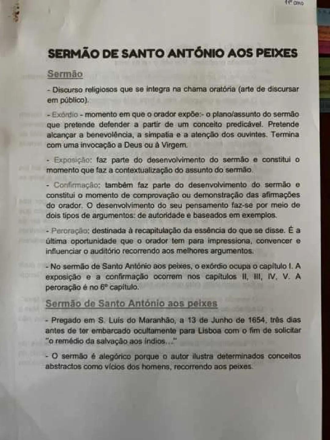 11 ano
SERMÃO DE SANTO ANTÓNIO AOS PEIXES
Sermão
- Discurso religiosos que se integra na chama oratória (arte de discursar
em público).
-Exo