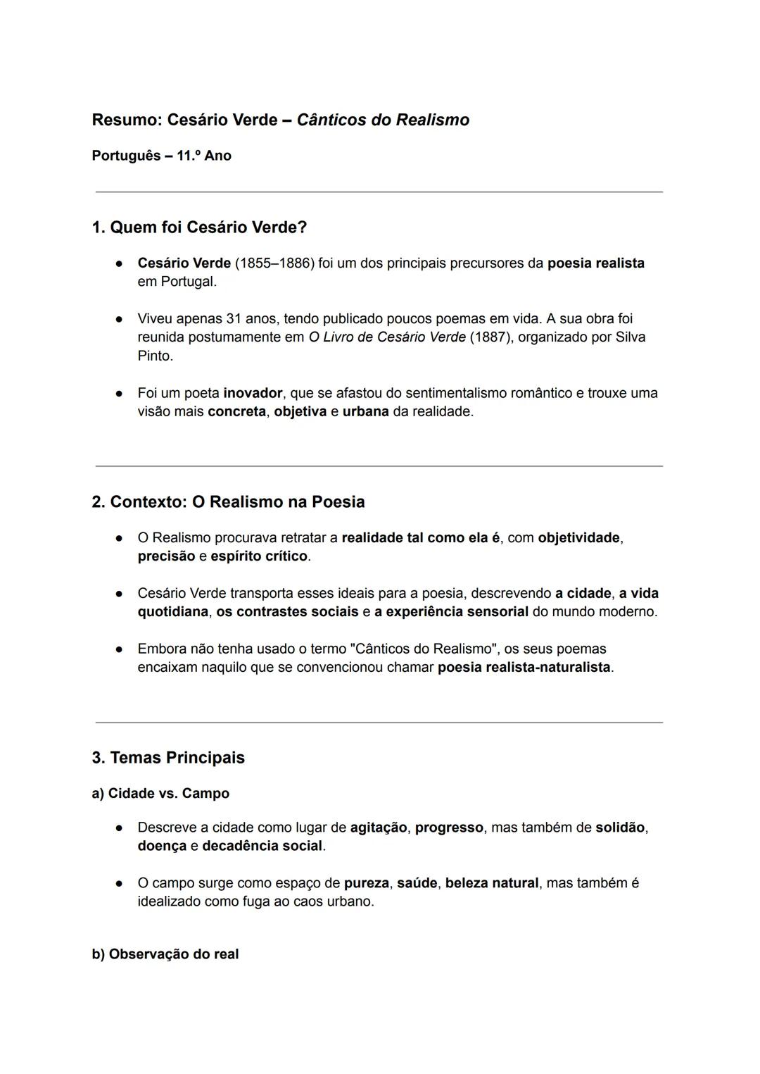 # Resumo: Cesário Verde - Cânticos do Realismo
Português - 11.° Ano
1. Quem foi Cesário Verde?
* Cesário Verde (1855-1886) foi um dos p