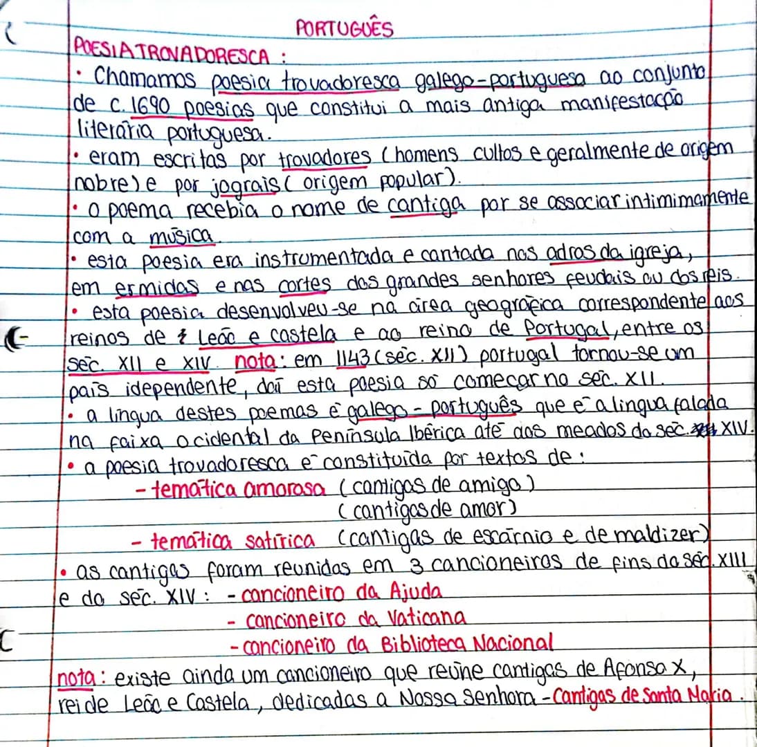 PORTUGUÊS
POESIA TROVADORESCA :
* Chamamos poesia trovadoresca galego-portuguesa ao conjunto
de c. 1690 poesias que constitui a mais anti