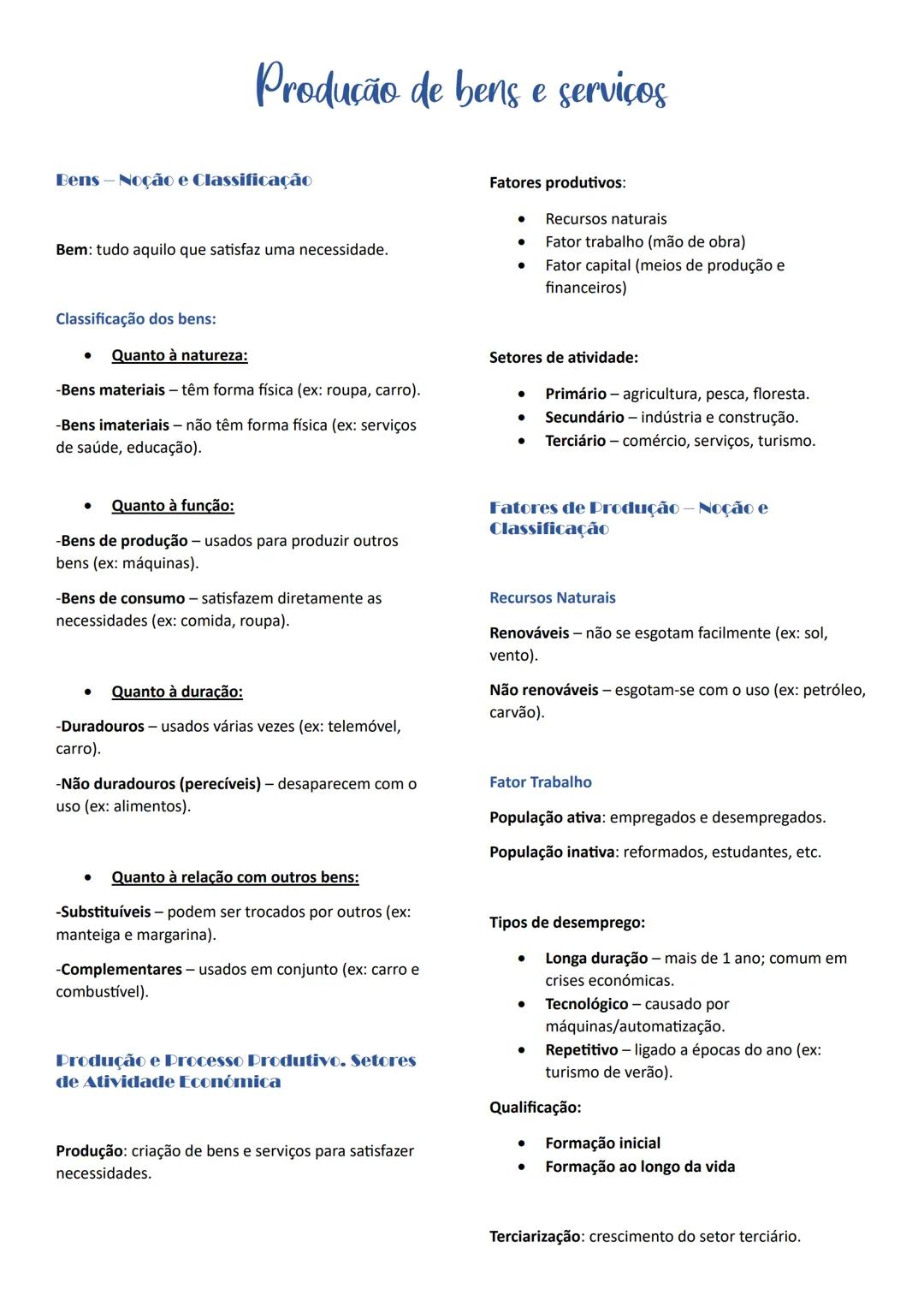 --- OCR Start ---
Produção de bens e serviços
Bens-Noção e Classificação
Bem: tudo aquilo que satisfaz uma necessidade.
Fatores produtivos: