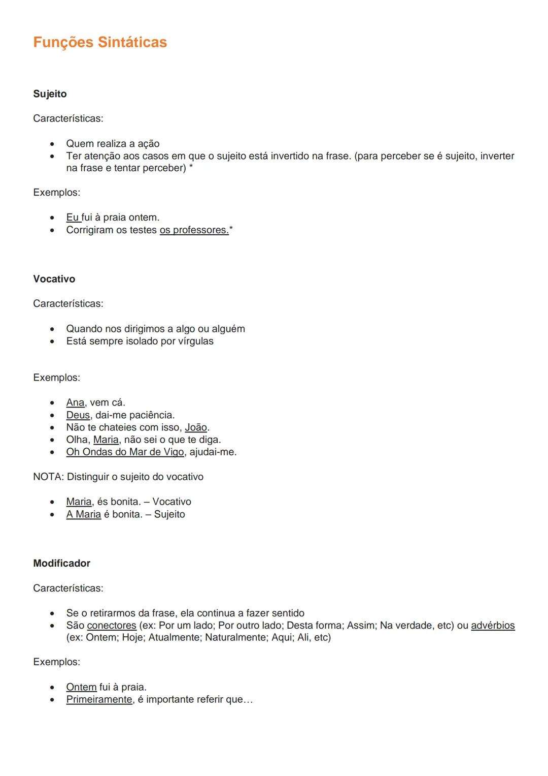 --- OCR Start ---
PORTUGUÊS
Ensino secundário
GRAMÁTICA
Funções Sintáticas
TODAS com características e exemplos
Sujeito
Vocativo
+ Nota
Modi