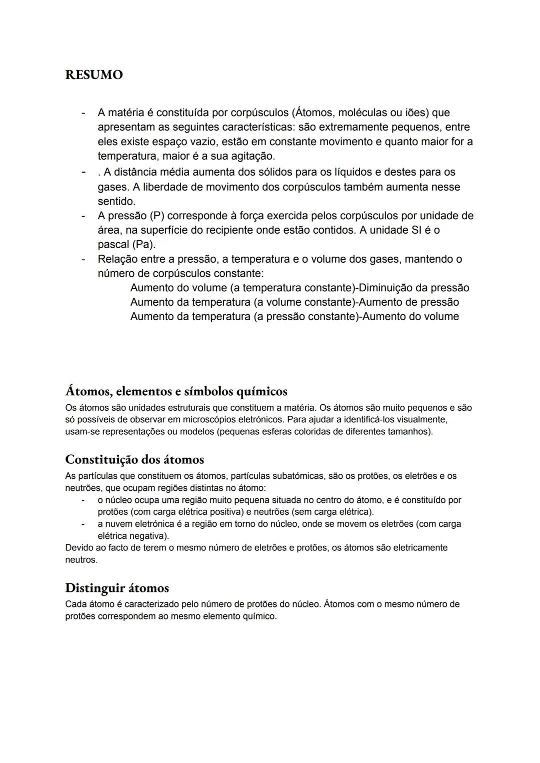 # Resumos para o teste de Físico-química
Outubro 2023
## Constituição da matéria
A matéria é constituída por partículas extremamente pequen