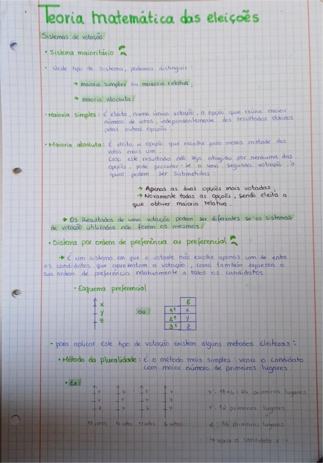 10º Ano
resumos # Teoria matemática das eleições
* Sistemas de votação
* Sistema majoritário
* Neste tipo de Sistema, podemos distinguir