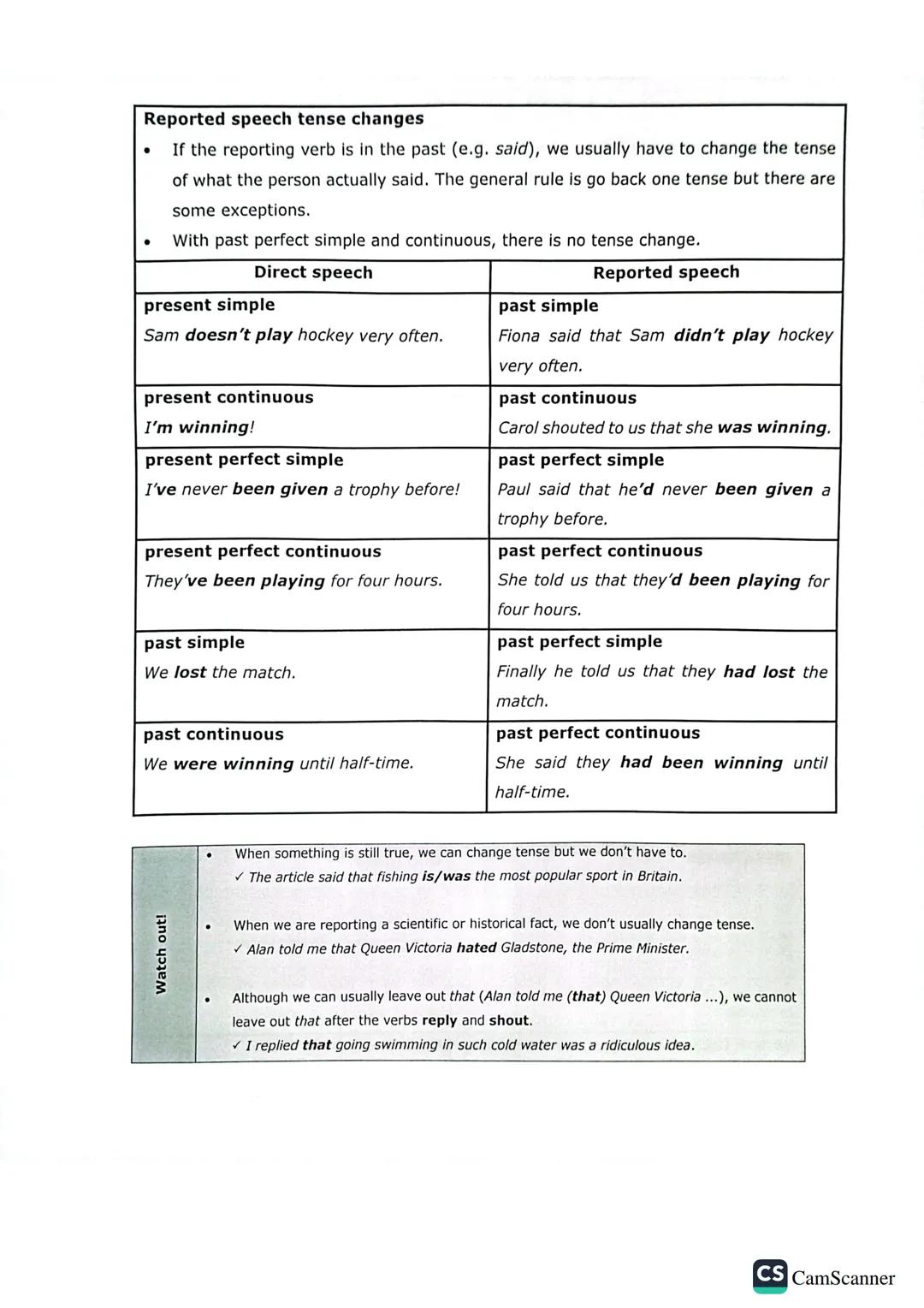 Reported speech tense changes
• If the reporting verb is in the past (e.g. said), we usually have to change the tense of what the person act
