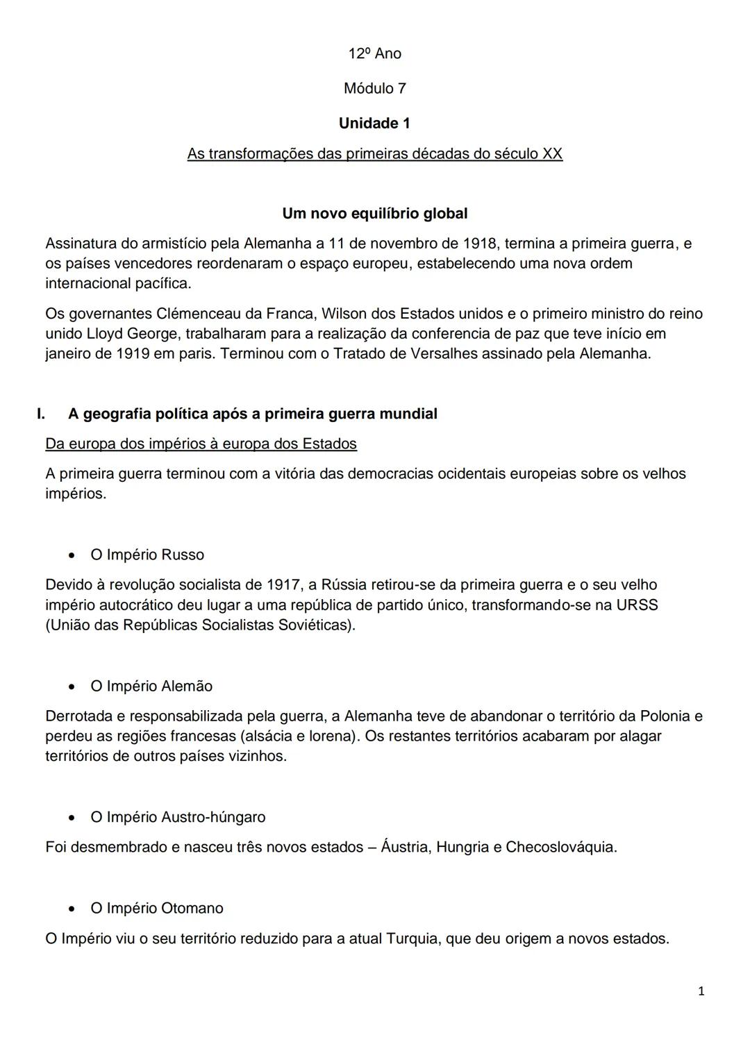 12° Ano
Módulo 7
Unidade 1
As transformações das primeiras décadas do século XX
Um novo equilíbrio global
Assinatura do armistício pela