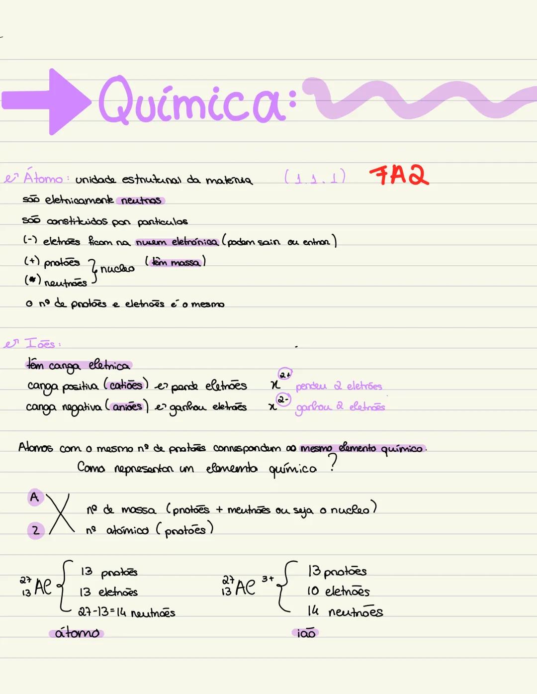 # Química:
Átomo: unidade estrutunal da materia (1.1.1) FAQ
são eletnicamente neutros
são constituidos pon particulos
(-) eletroes ficom