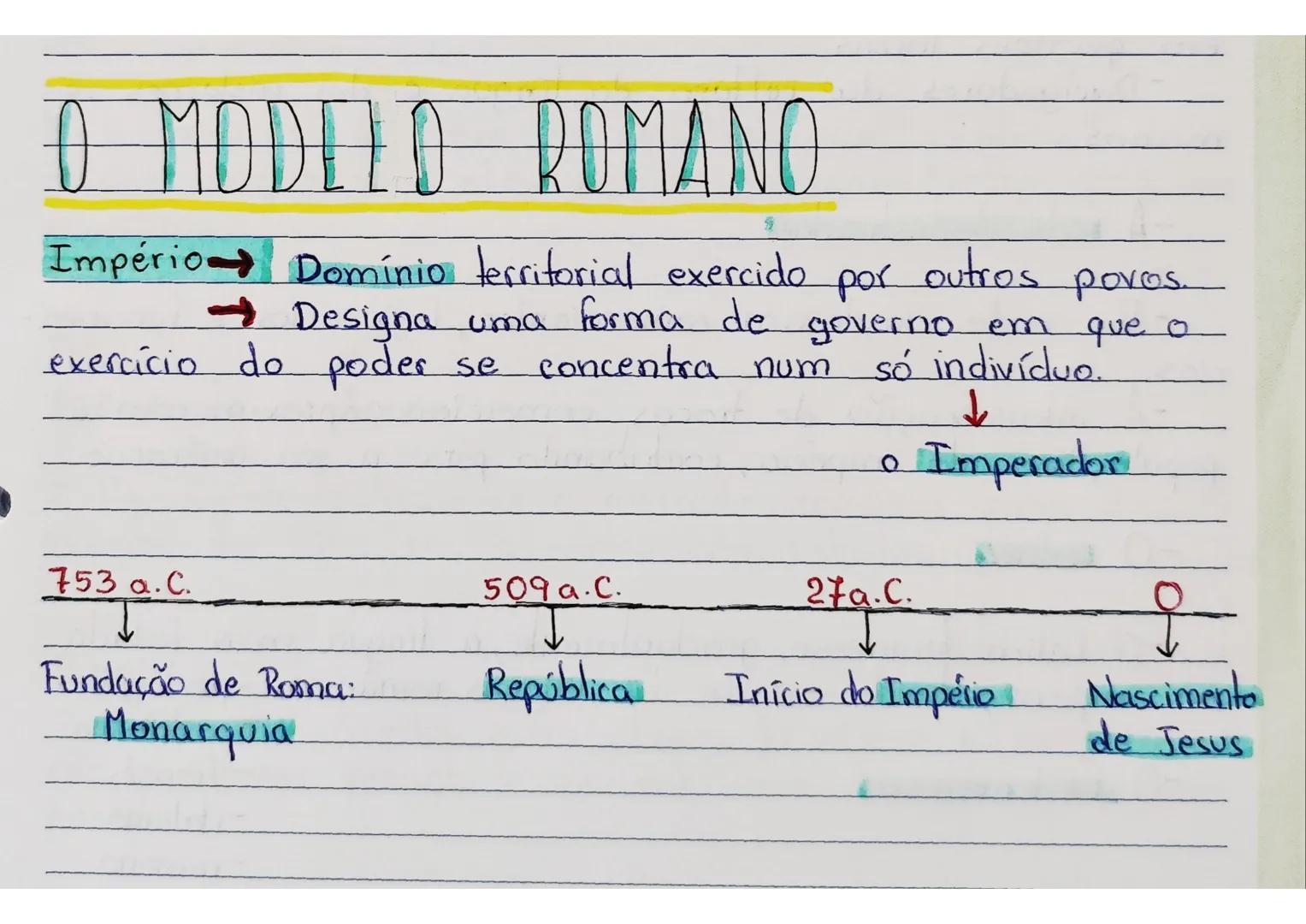 # O MODELO ROMANO
Império Domínio territorial exercido por outros povos.
• Designa uma forma de governo em que o
exercício do poder se con