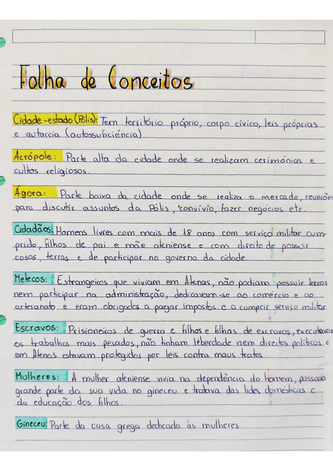 Folha de Conceitos
Cidade-estado (Polis): Tem tersitório próprio, corpo civico, leis próprias
e autarcia (autossuficiencia).
Acrópole: Par