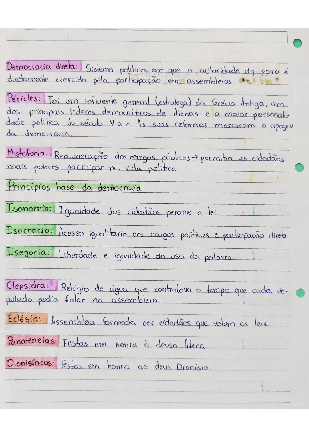 Folha de Conceitos
Cidade-estado (Polis): Tem tersitório próprio, corpo civico, leis próprias
e autarcia (autossuficiencia).
Acrópole: Par