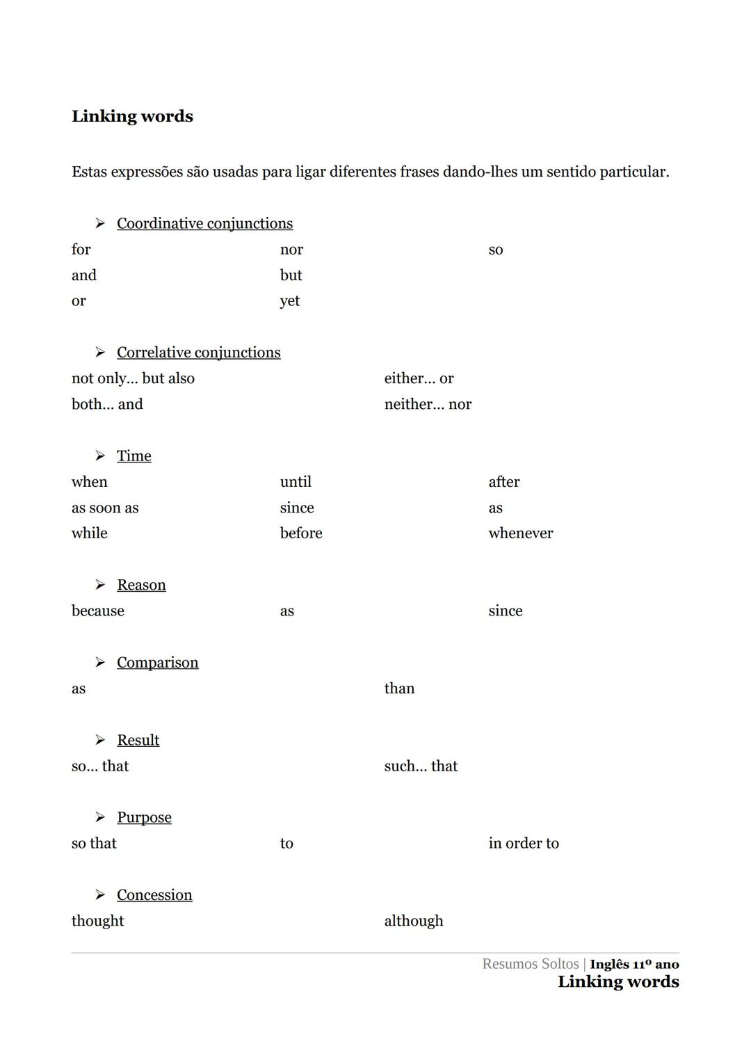 # Linking words
Estas expressões são usadas para ligar diferentes frases dando-lhes um sentido particular.
➤ Coordinative conjunctions
for
