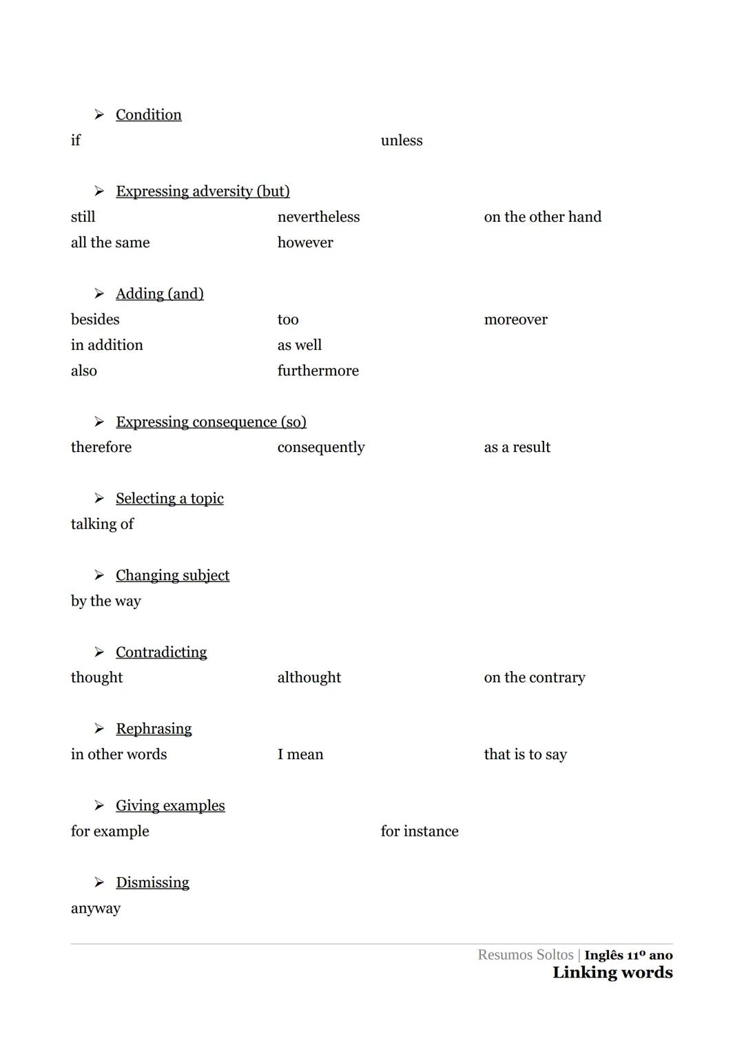 # Linking words
Estas expressões são usadas para ligar diferentes frases dando-lhes um sentido particular.
➤ Coordinative conjunctions
for
