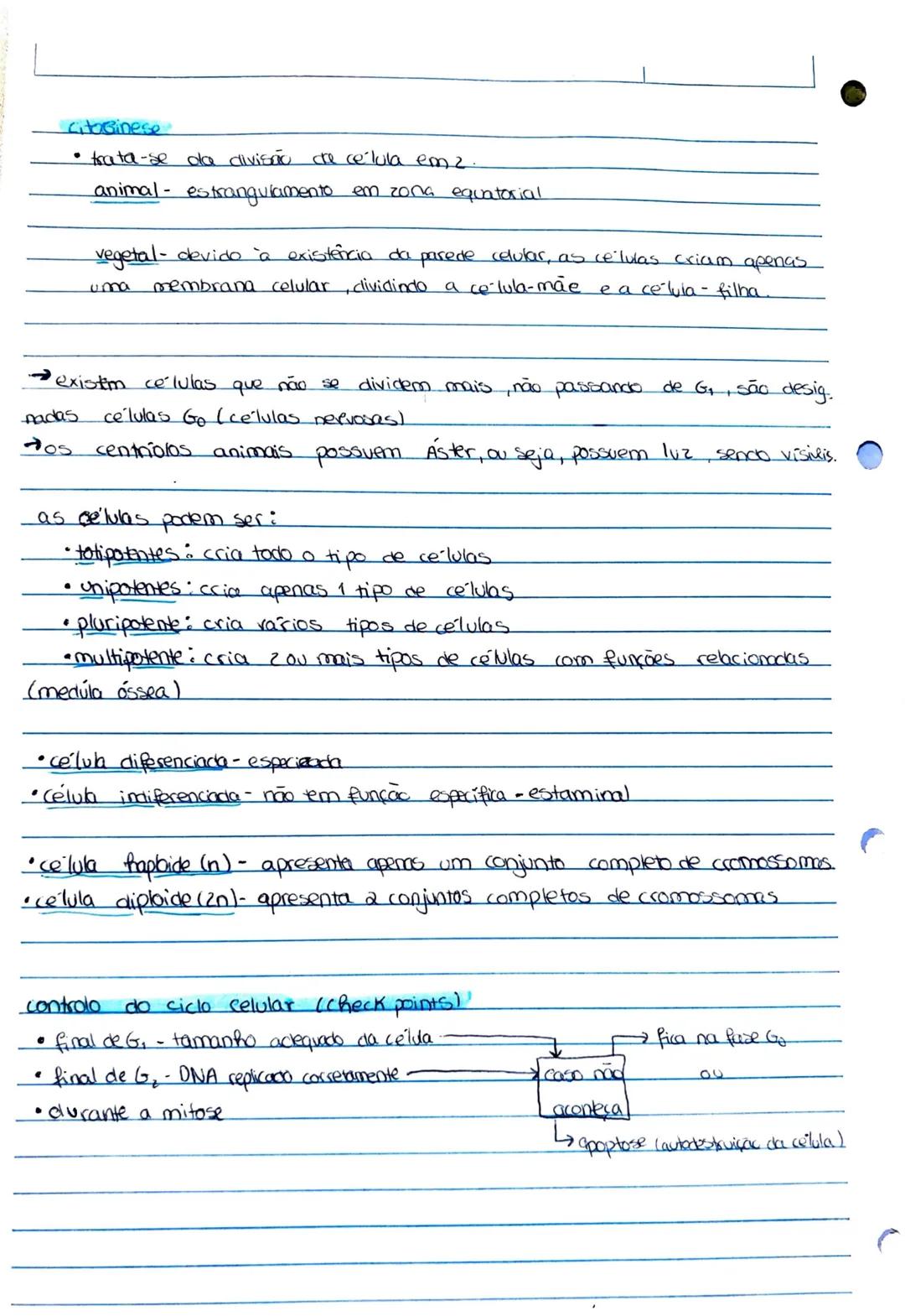 # Ciclo celular
permite a criação de novas células em 2 fases, são elas:
- interfase (células jovens)
- mitose (células maduras)
teoria celu