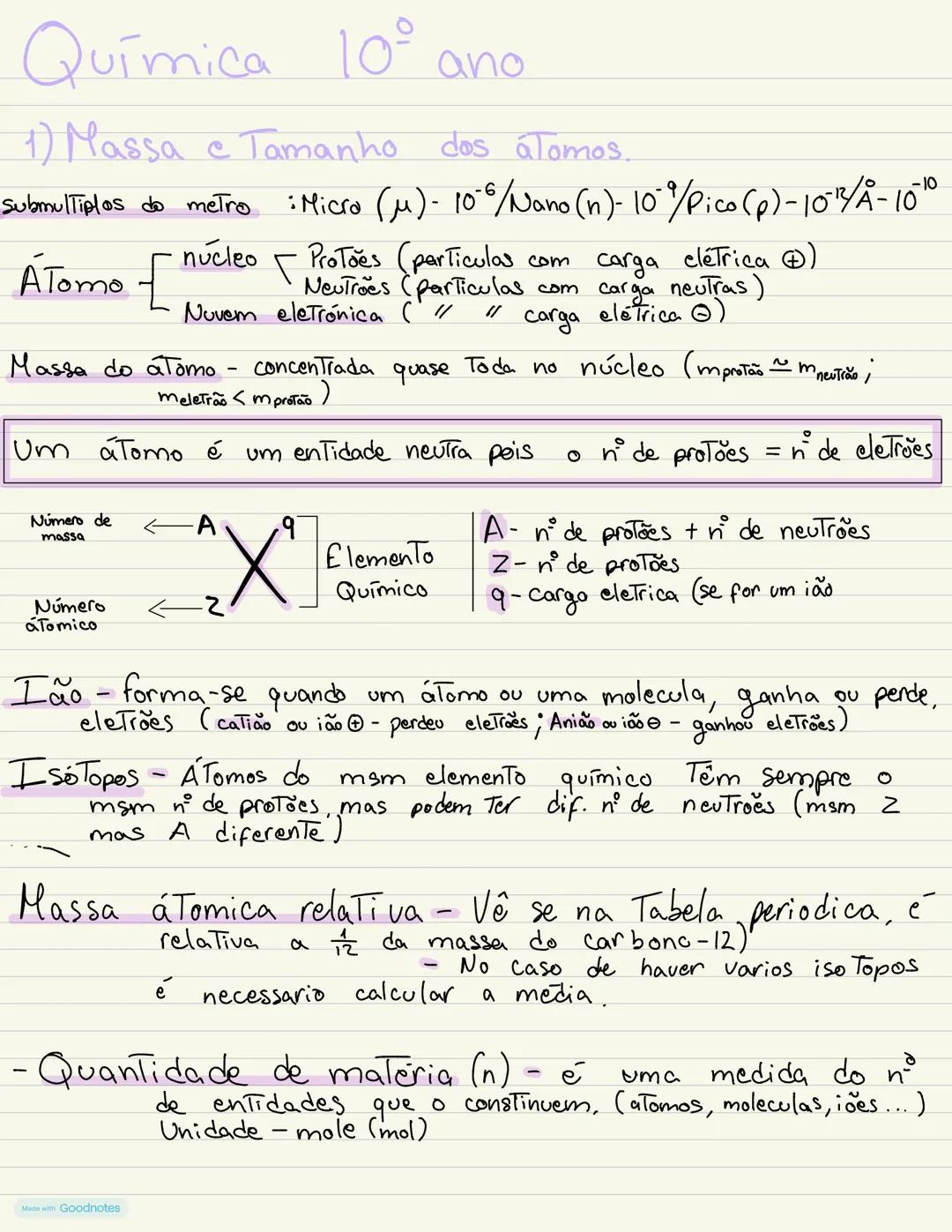 # Química 10° ano
1) Massa e Tamanho dos átomos.
Submultiplos do metro : Micro (M)-10°/Nano (n)-10/Pico (p)-10-13/A-1010
Átomo [
núcleo