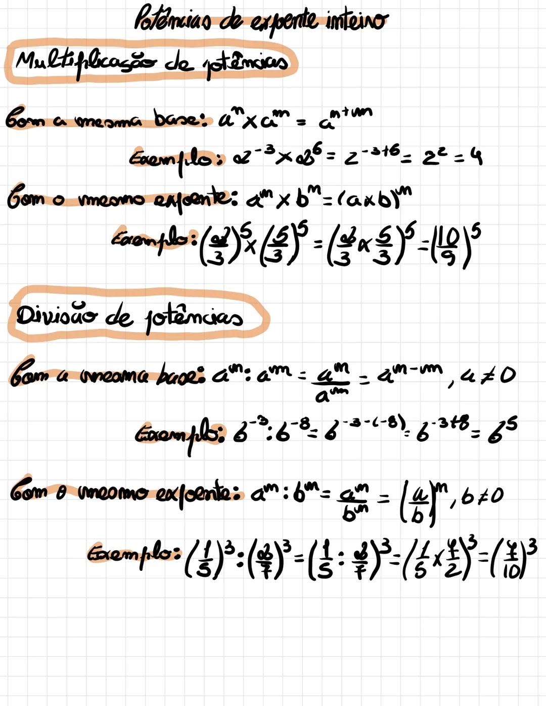 # Potencias de expente inteiro
# Multifplicação de potências
- Com a mesma base: $a^{n} imes a^{m}=a^{n+m}$
- Exemplo: $a2^{-3} imes a3^{