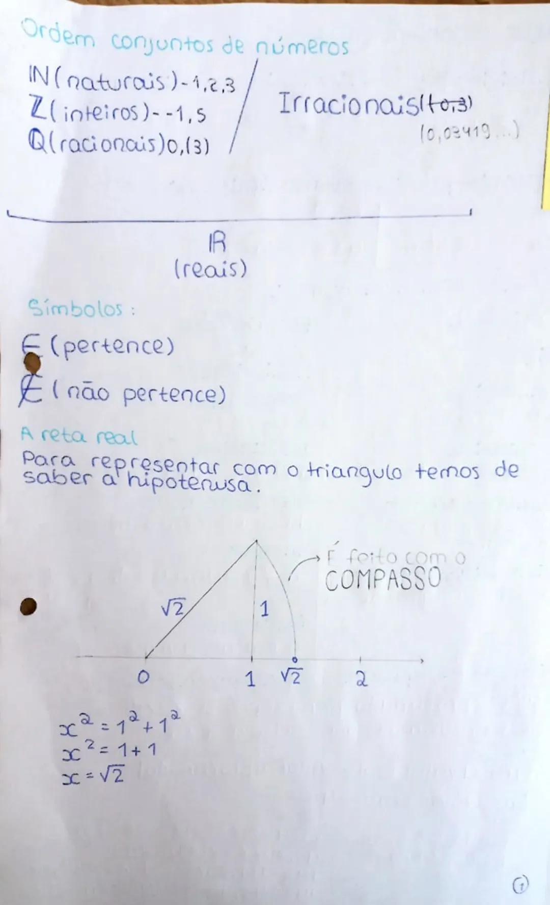 Ordem conjuntos de números
IN (naturais)-1,2,3
Z (inteiros)--1,5
Q(racionais)0,(3)
Irracionaisitors)
(0,03419...)
IR
(reais)
Símbolos:
E(pe