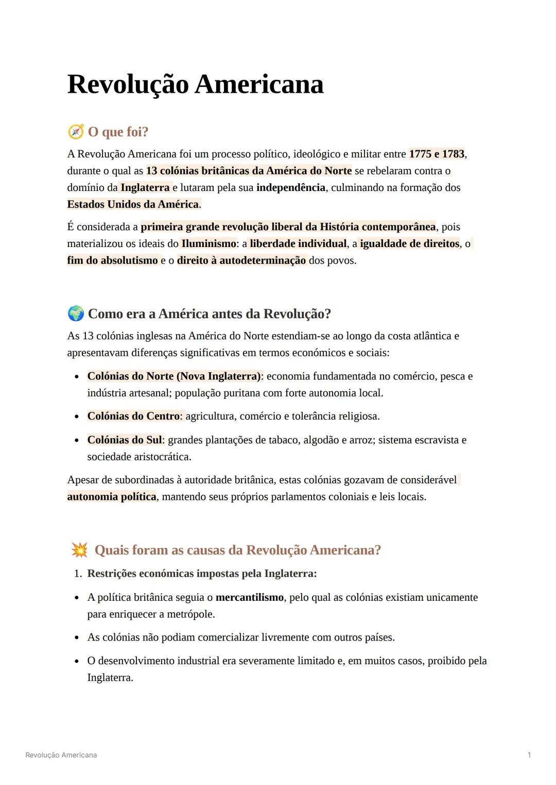 # Revolução Americana
O que foi?
A Revolução Americana foi um processo político, ideológico e militar entre 1775 e 1783,
durante o qual as