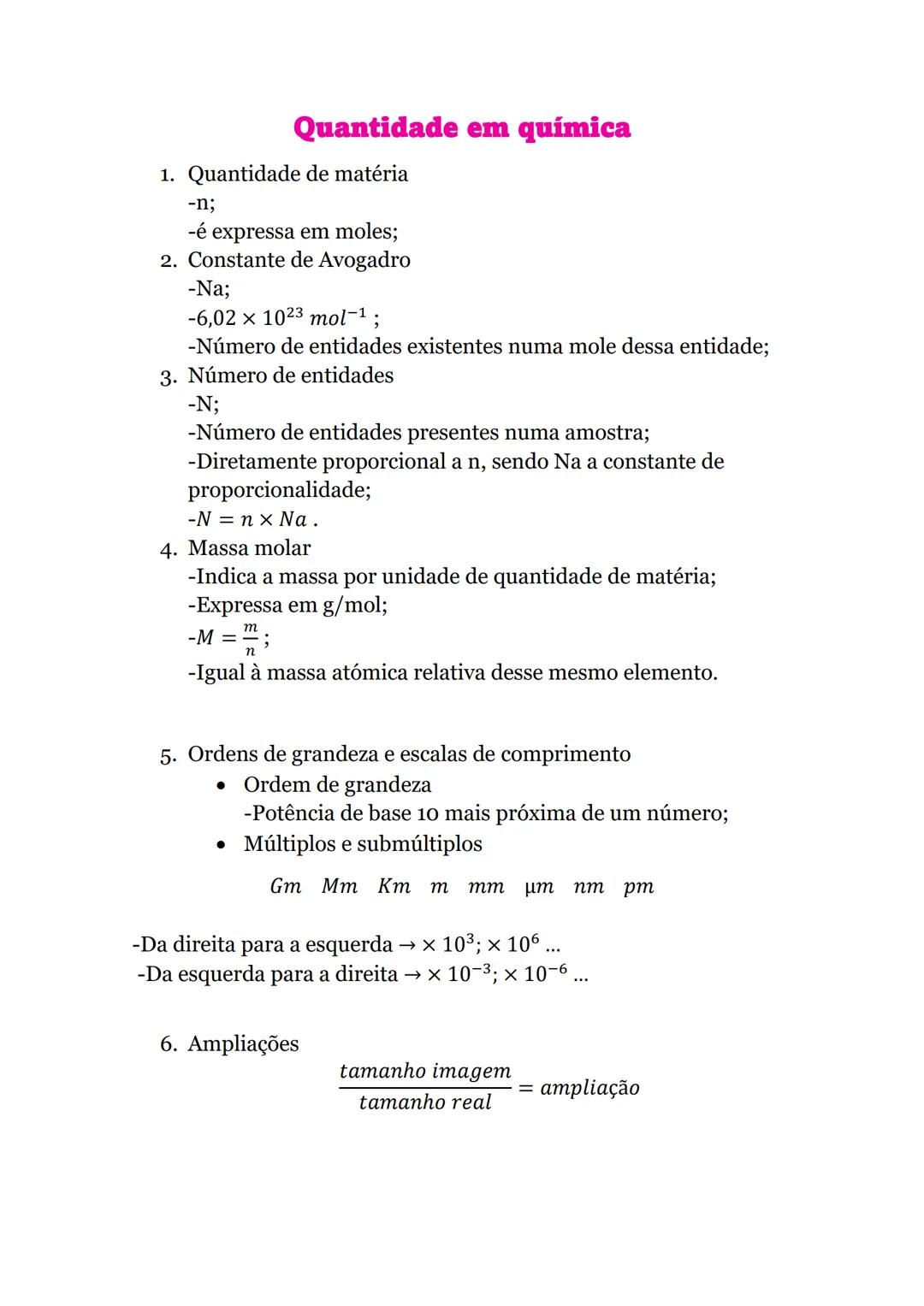 Quantidade em química
1. Quantidade de matéria
-n;
-é expressa em moles;
2. Constante de Avogadro
-Na;
-6,02 x 10<sup>23</sup> mol<sup>-1</s