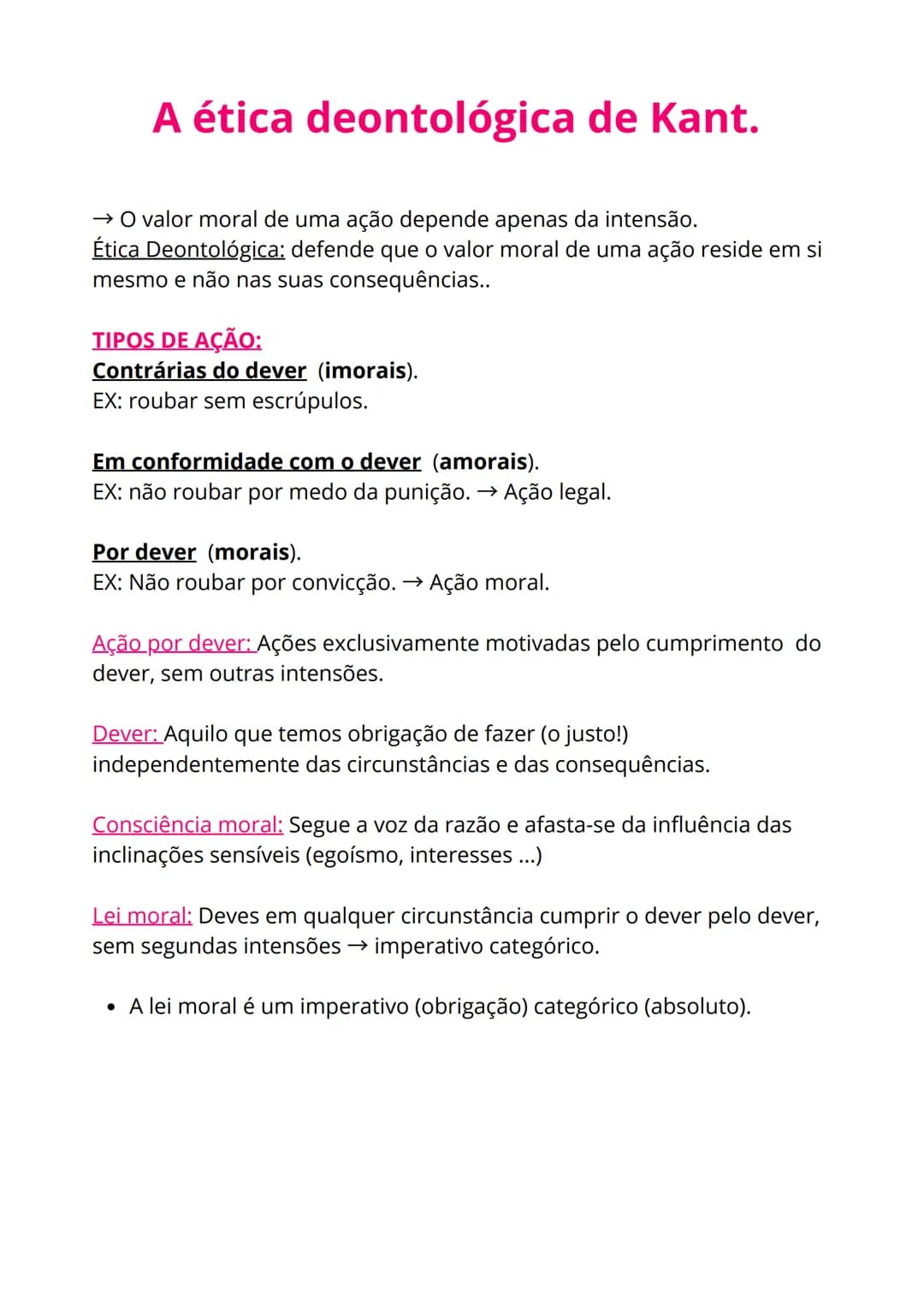 # A ética deontológica de Kant.
→ O valor moral de uma ação depende apenas da intensão.
Ética Deontológica: defende que o valor moral de u