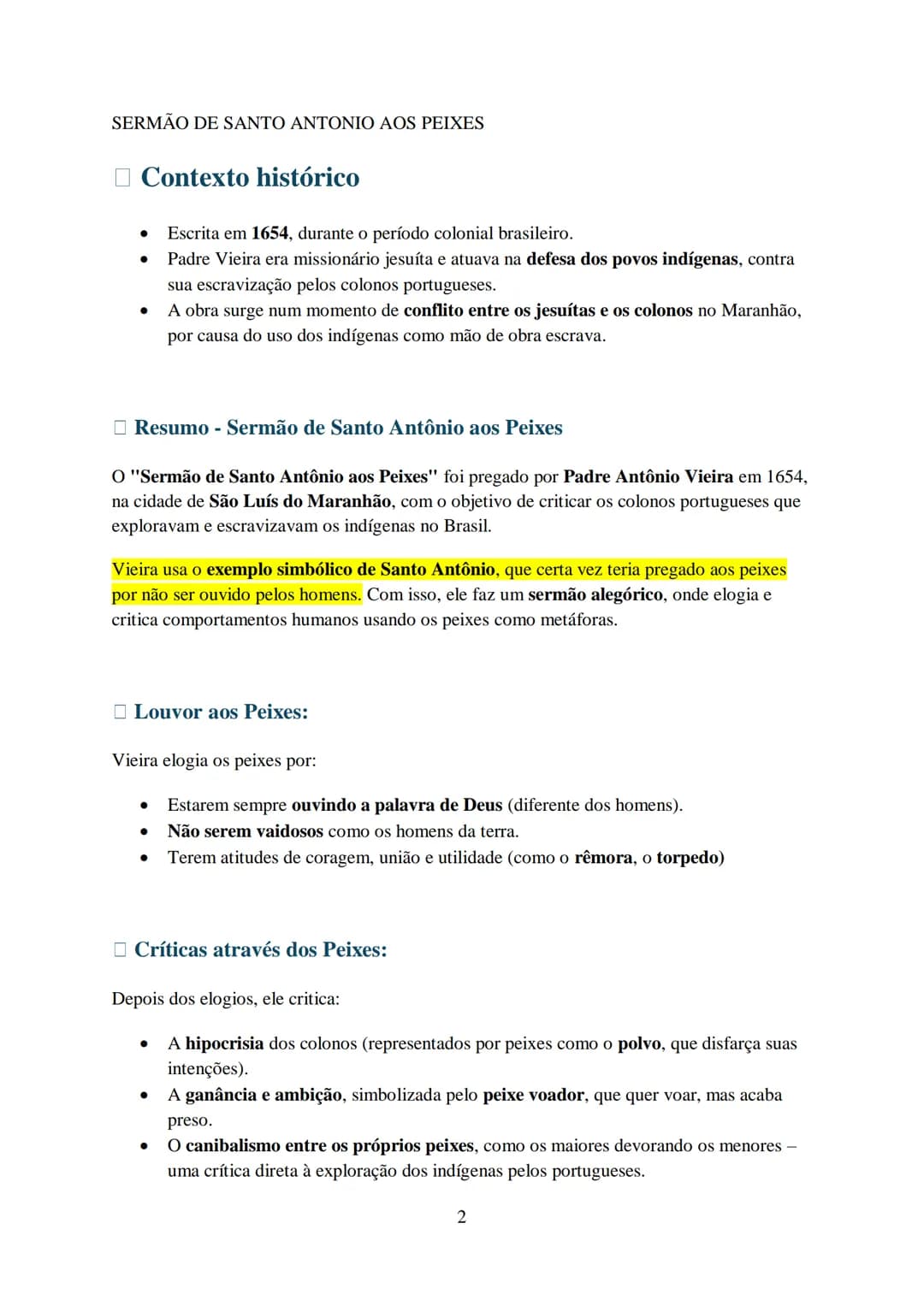 # RESUMOS DE
# LITERATURA
# PORTUGUESA # SERMÃO DE SANTO ANTONIO AOS PEIXES
## Contexto histórico
- Escrita em 1654, durante o período c