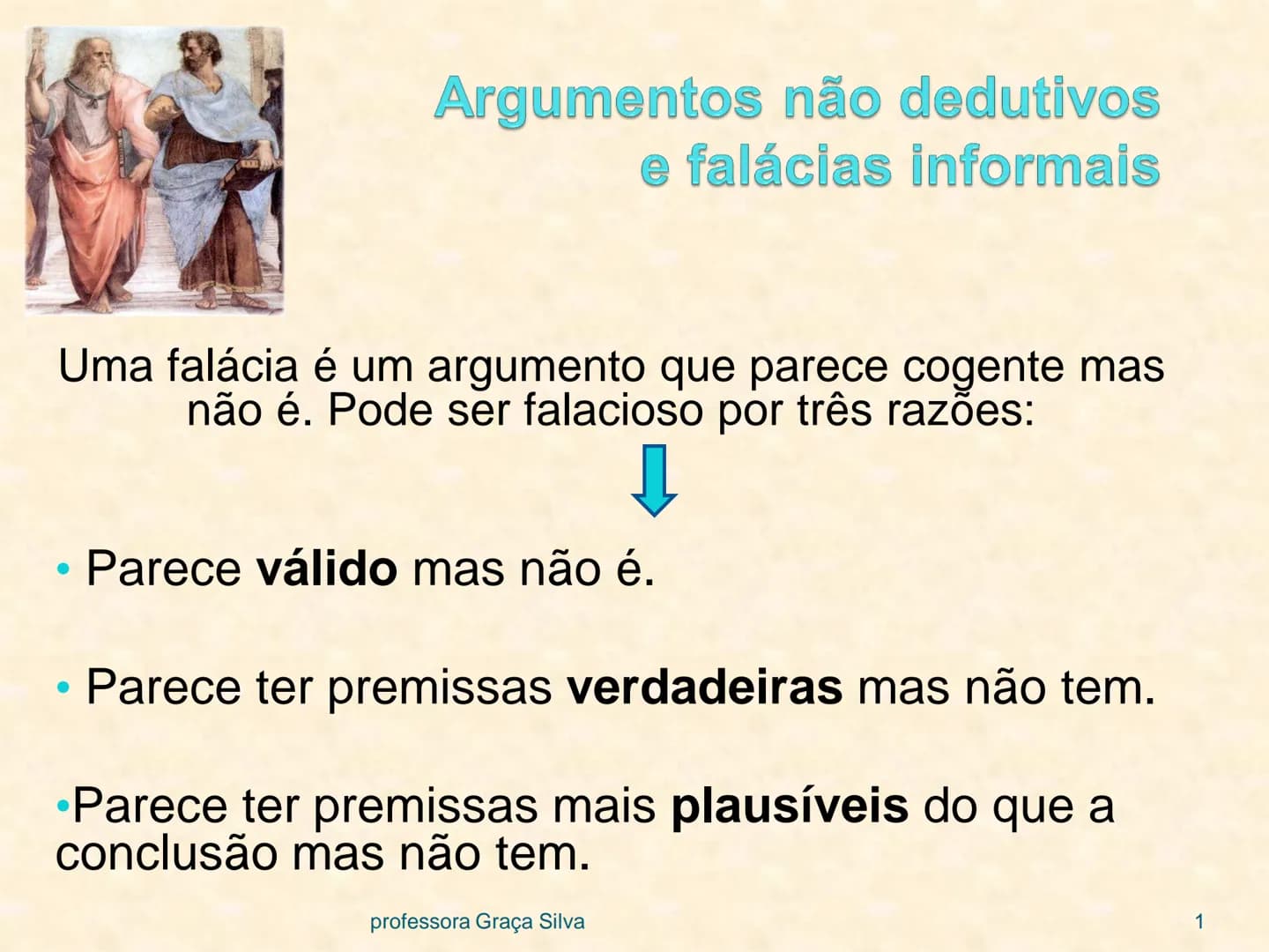 # Argumentos não dedutivos
e falácias informais
Uma falácia é um argumento que parece cogente mas
não é. Pode ser falacioso por três razões