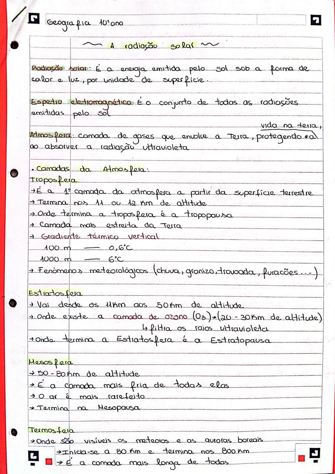 Geografia 10 ano
~ A radiação solar ~
Badiação solar: É a energia emitida pelo sol sob a forma de
calor e luz, por unidade de superficie.