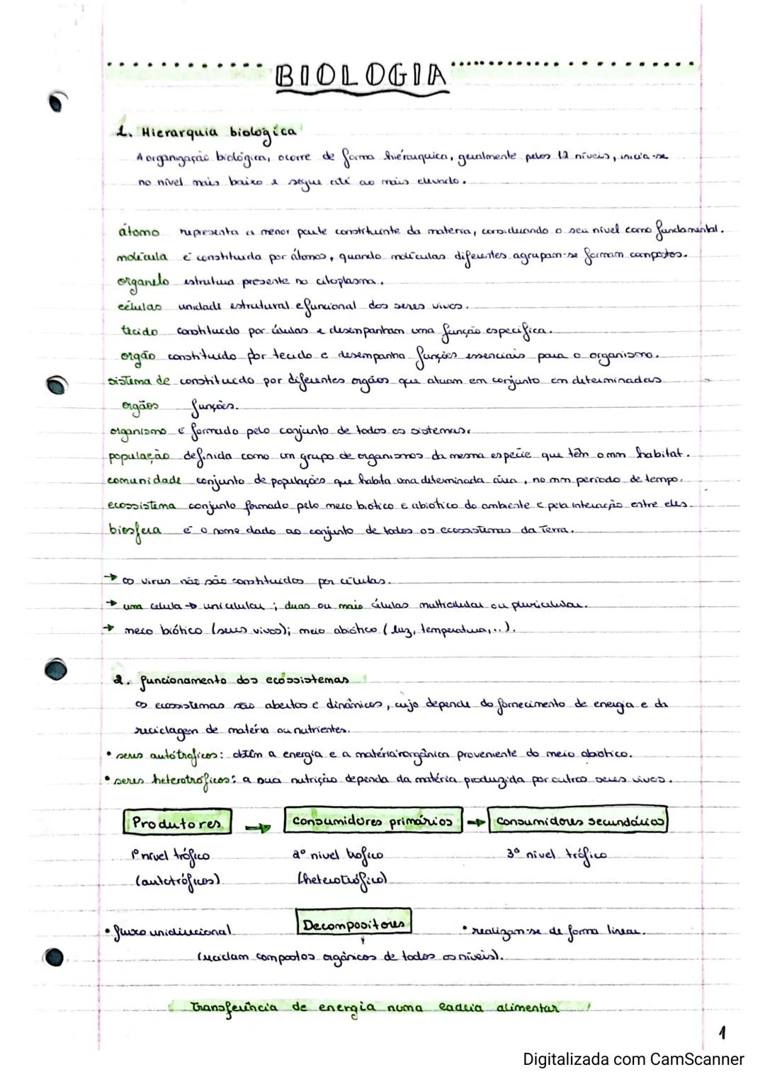 # BIOLOGIA
1. Hierarquia biologica
A organização bidógica, ocorre de forma hiéruquica, geralmente pelos 12 niveis, inicia se
no nivel mis b