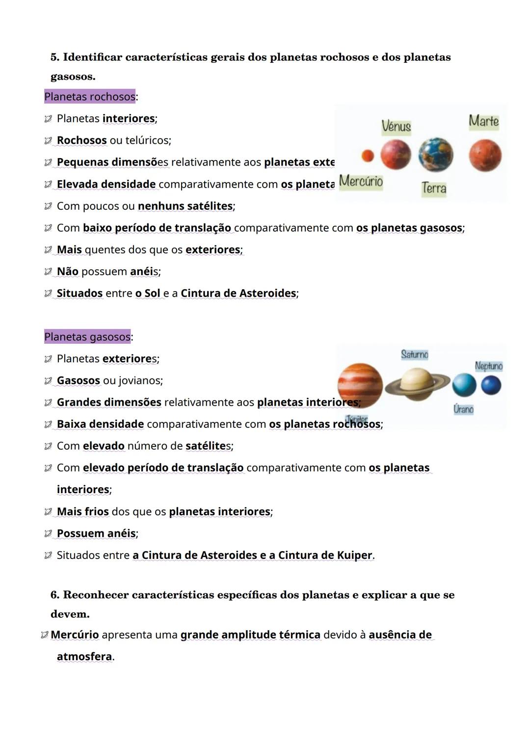# Objetivos Físico-Química 2
1. Classificar os planetas quanto à sua constituição;
Planetas Rochosos: Mercúrio, Vénus, Terra e Marte.
Pla