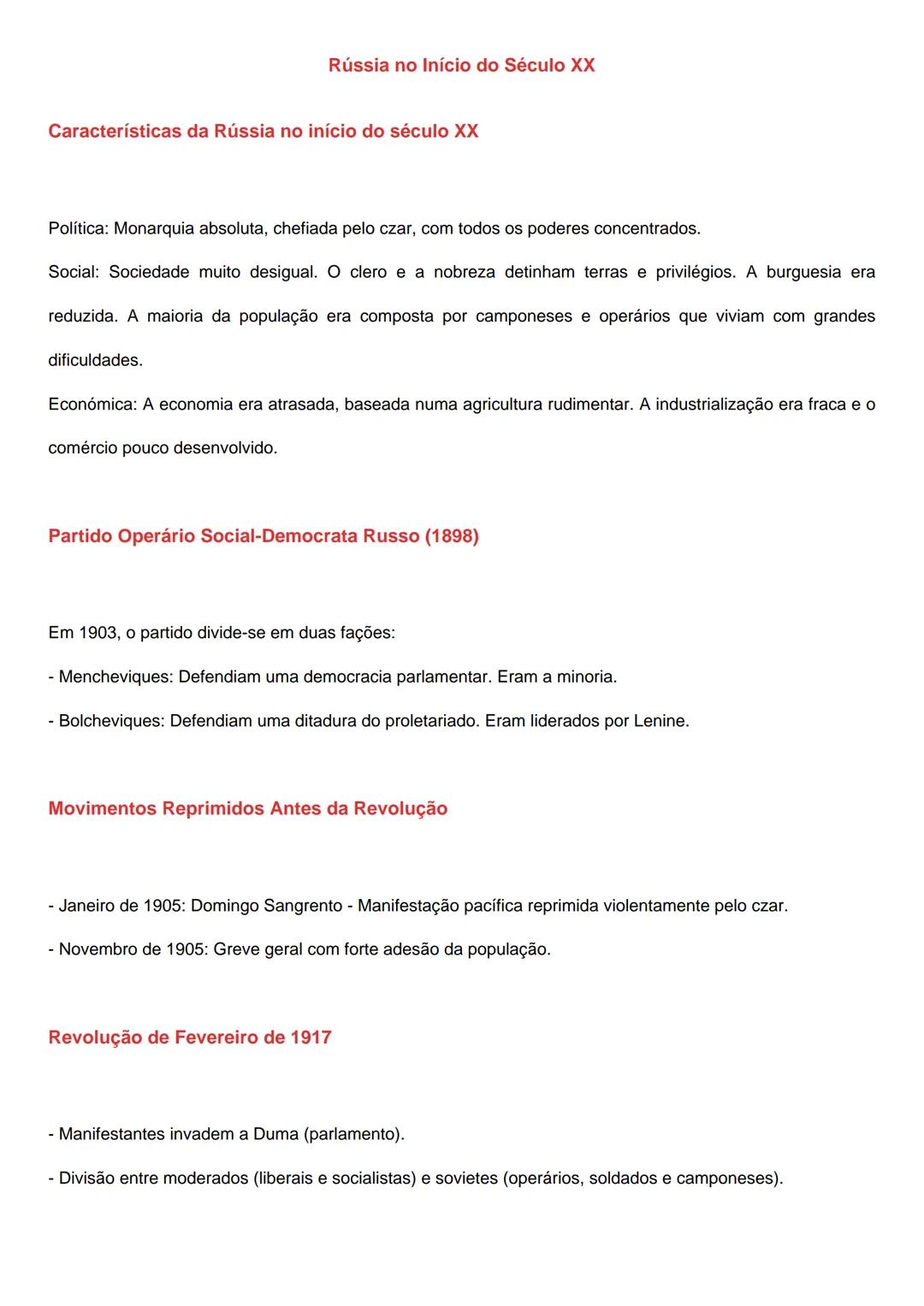 Rússia no Início do Século XX
Características da Rússia no início do século XX
Política: Monarquia absoluta, chefiada pelo czar, com todos