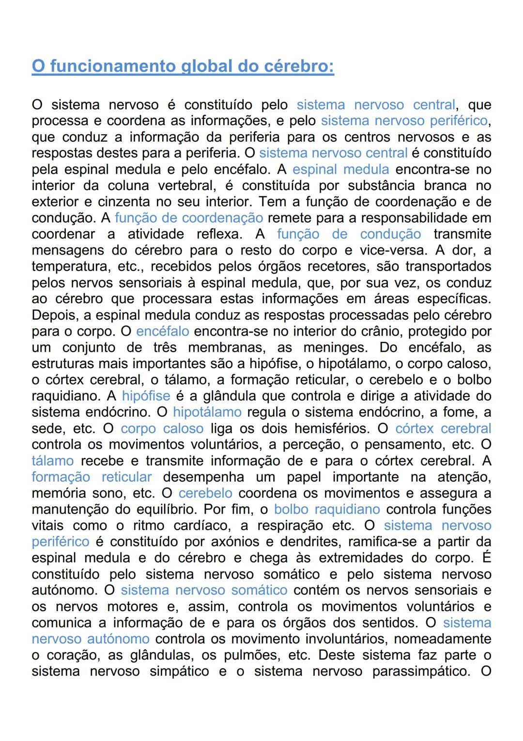 # CÉREBRO
Elementos estruturais e funcionais do sistema
nervoso:
Os mecanismos de receção ou recetores são os órgãos dos sentidos
(visão,