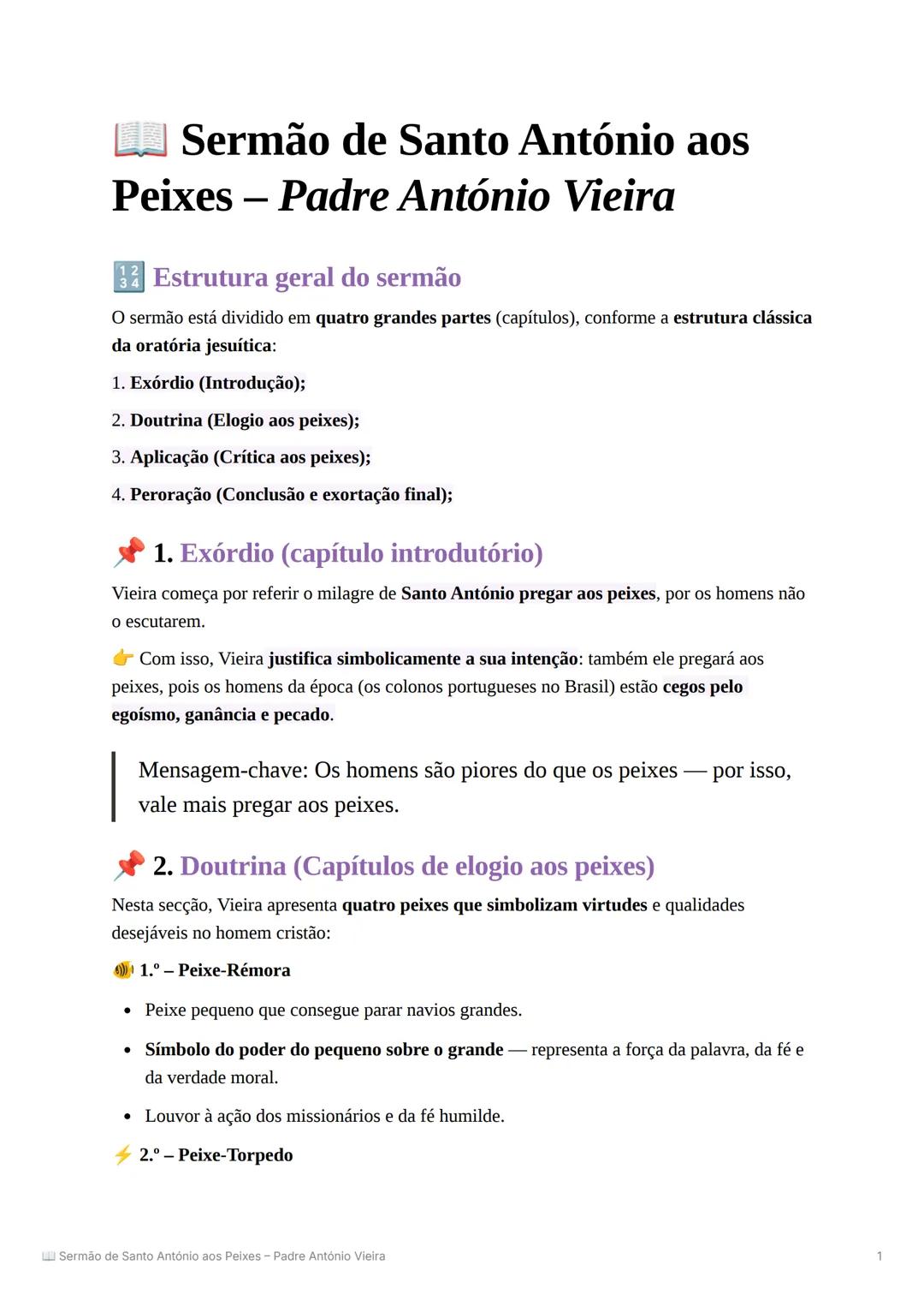 # Sermão de Santo António aos
Peixes - Padre António Vieira
1 2
3 4 # Estrutura geral do sermão
O sermão está dividido em quatro grandes pa