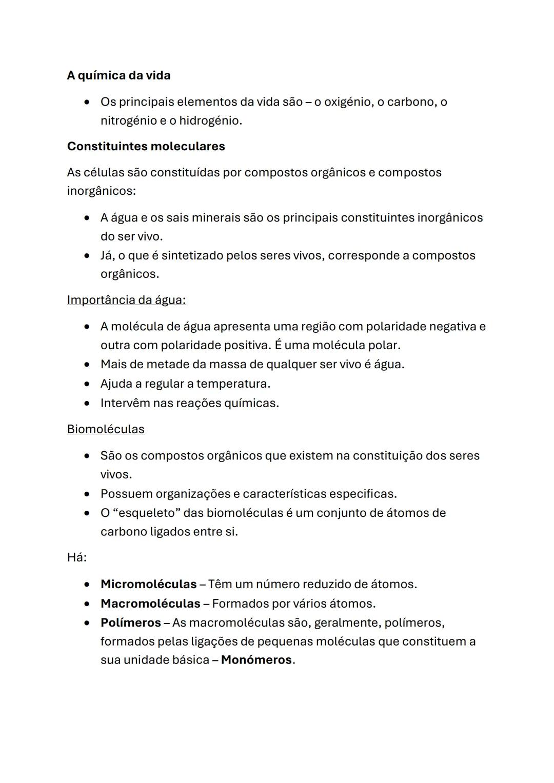 Biologia e Geologia
Biologia (10°ano)
Células e biomoléculas
* A célula é a unidade básica comum a todos os seres vivos - Unidade
estru