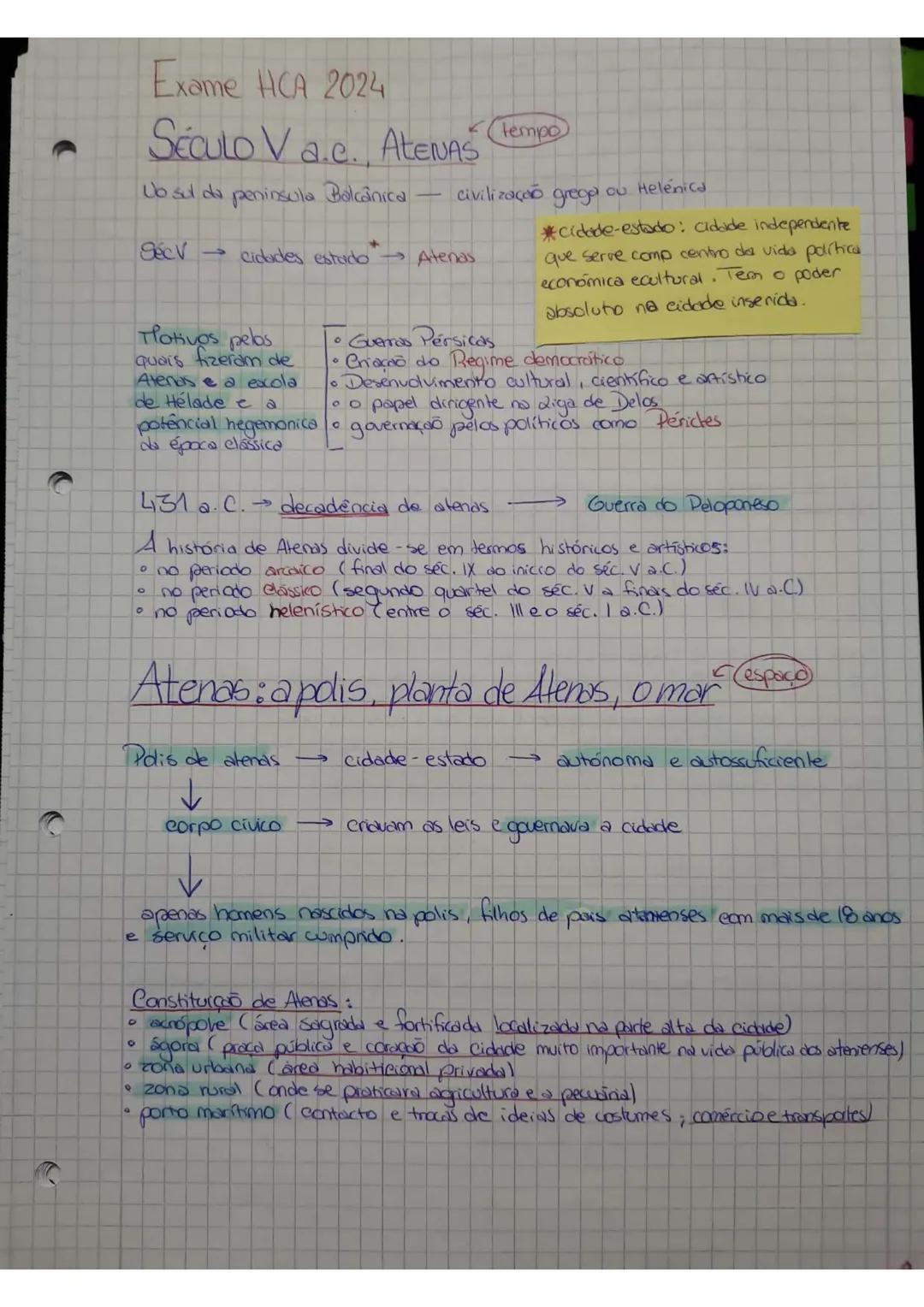 Exame HCA 2024
SÉCULO Va.c. ATENAS (Tempo)
Uo sul da peninsula Bolcânica — civilização grega ou Helénica
SécV → cidades estado → Atenas
*cid