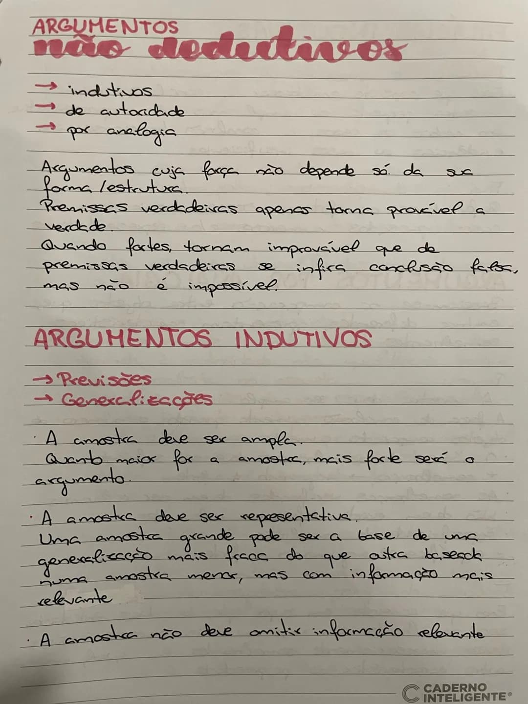 ARGUMENTOS
não deductivos
- indutivos
→ de autoridade
→ por analogia
Argumentos cuja força não depende só da sua
forma /estrutura.
Premissa