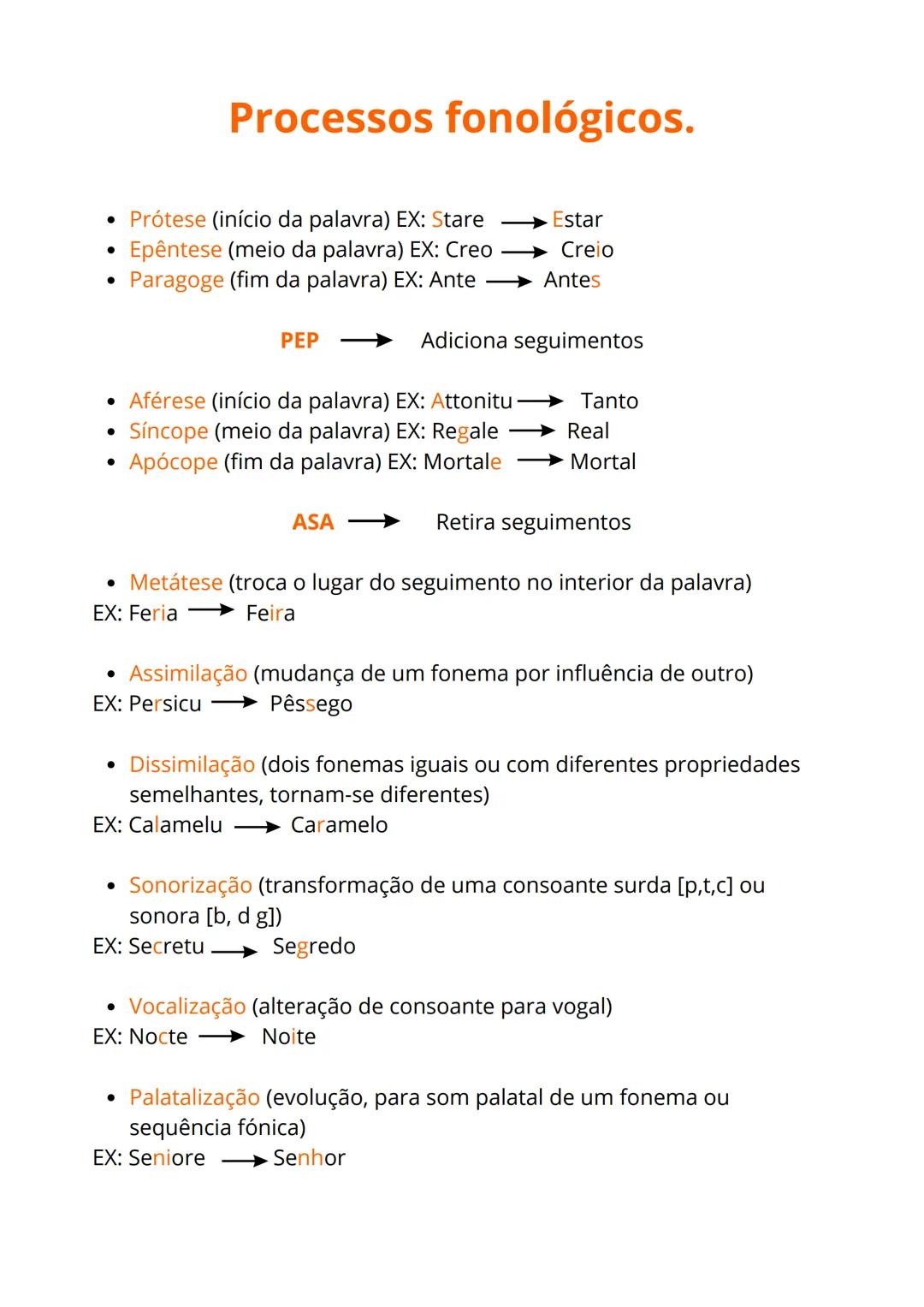 --- OCR Start ---
Processos fonológicos.
• Prótese (início da palavra) EX: Stare → Estar
• Epêntese (meio da palavra) EX: Creo → Creio
• Par