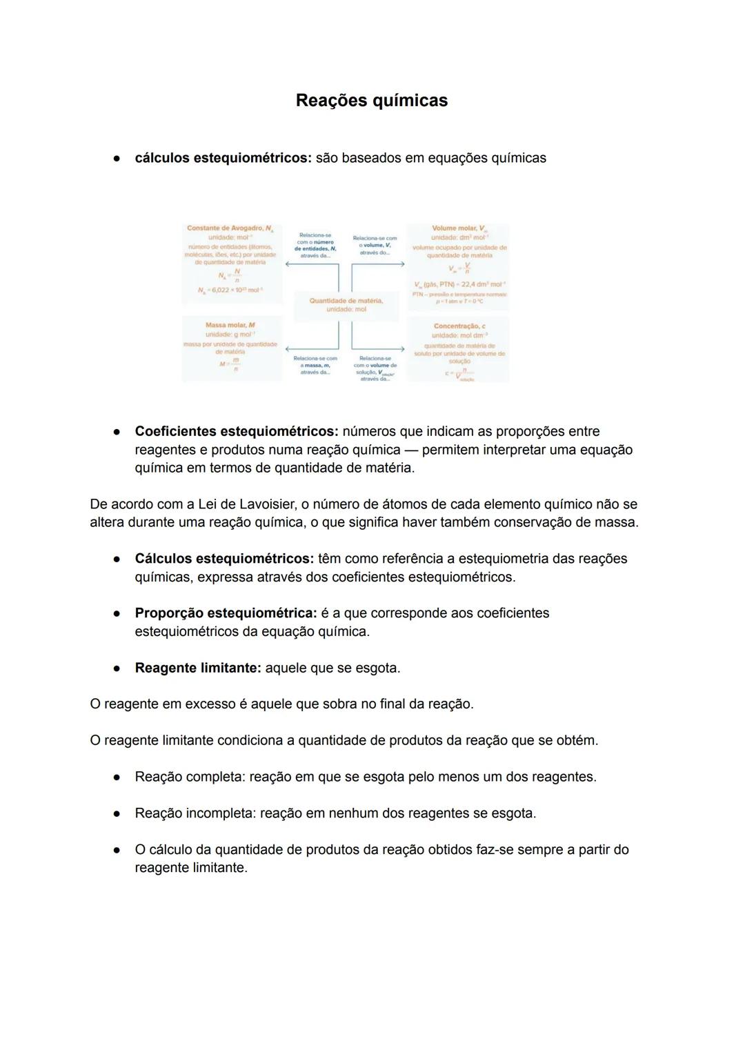 # Reações químicas
- cálculos estequiométricos: são baseados em equações químicas
$N-6022-10$
plume molar, V
dade de
$VPTN-22,4 dm³ mo