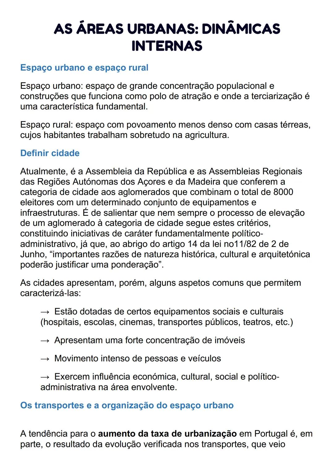 # AS ÁREAS URBANAS: DINÂMICAS
## INTERNAS
Espaço urbano e espaço rural
Espaço urbano: espaço de grande concentração populacional e
constru