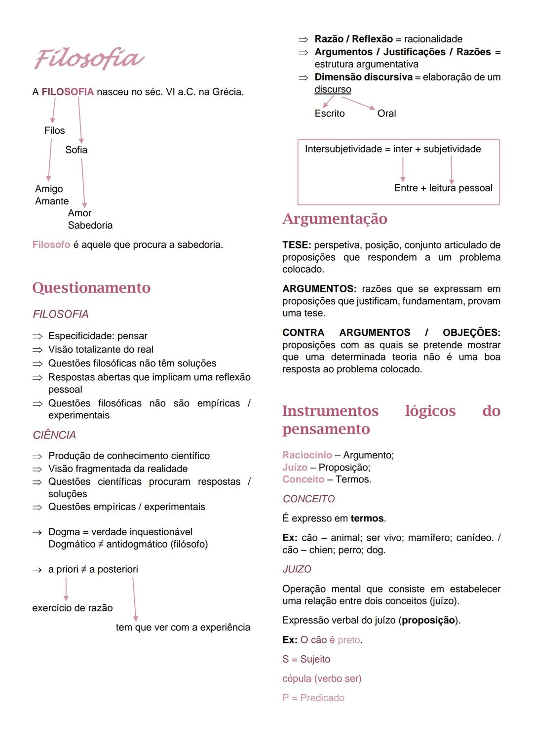 Filosofia
A FILOSOFIA nasceu no séc. VI a.C. na Grécia.
Razão / Reflexão = racionalidade
→ Argumentos / Justificações / Razões =
estrutura a
