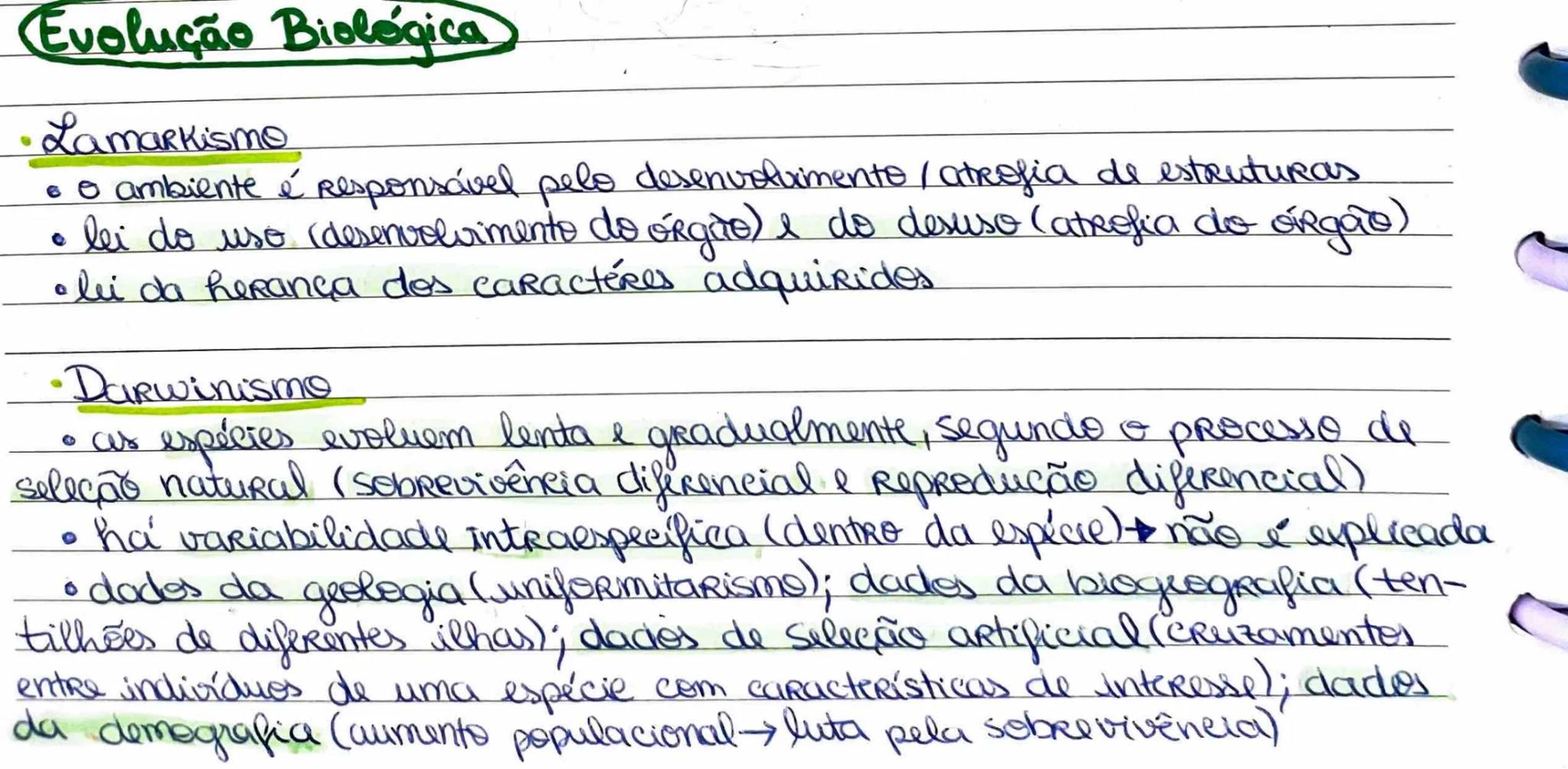 # Evolução Biológica
- Lamarkismo
- o ambiente é responsável pelo desenvolvimento / atrofia de estruturas
- lei do uso (desenvolvimento