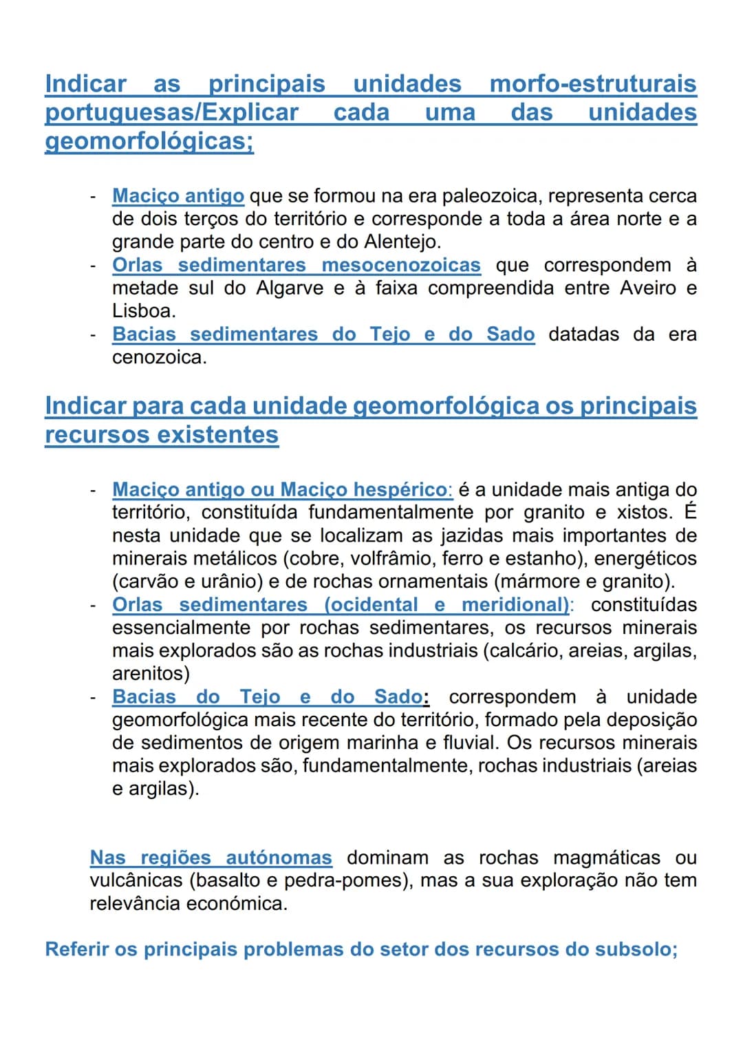 # RECURSOS DO SUBSOLO
Definir recurso:
Bem oferecido pela natureza que a população de um país pode explorar
ou aproveitar nomeadamente a ág
