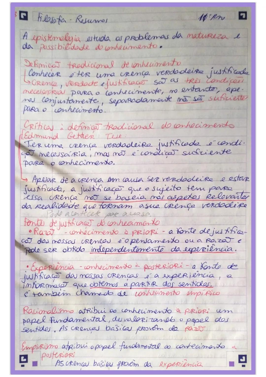 Filosofia - Resumos.
10 Ane
A epistemelogia estuda, as problemas da natureza e
da possibilidade de conhecimento.
Defimicat tradicional de c
