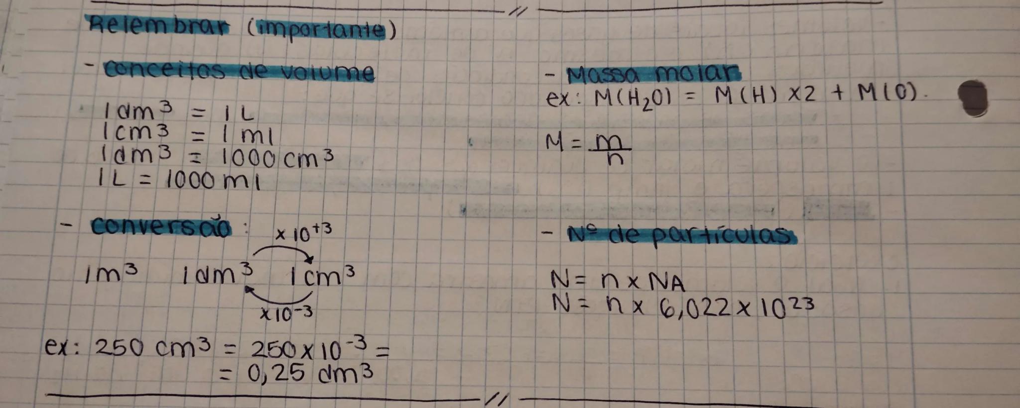 22 GASES E DOPERSÕES
Wolume molar (VM)
Vm = $\frac{V}{n}$ (dm³/mol)
Lei de Avogadra
- volume ocupacio por um gas não de pende de tipo de mol