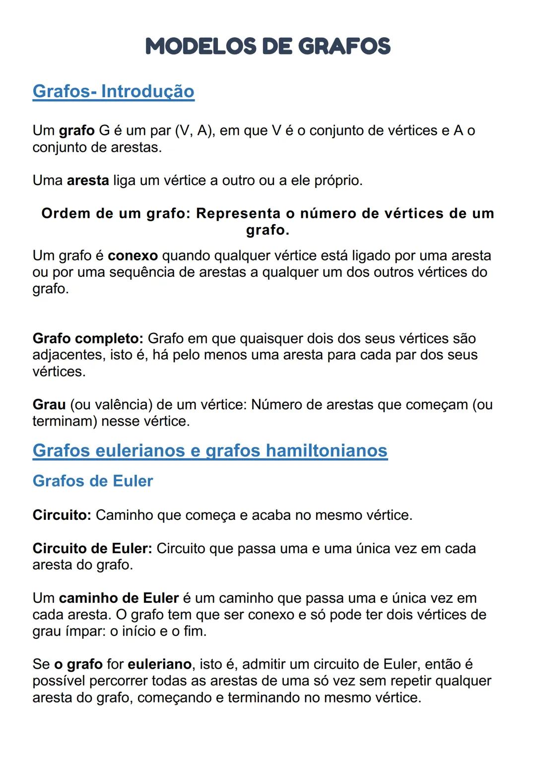 MODELOS DE GRAFOS
Grafos- Introdução
Um grafo G é um par (V, A), em que V é o conjunto de vértices e A o
conjunto de arestas.
Uma aresta lig