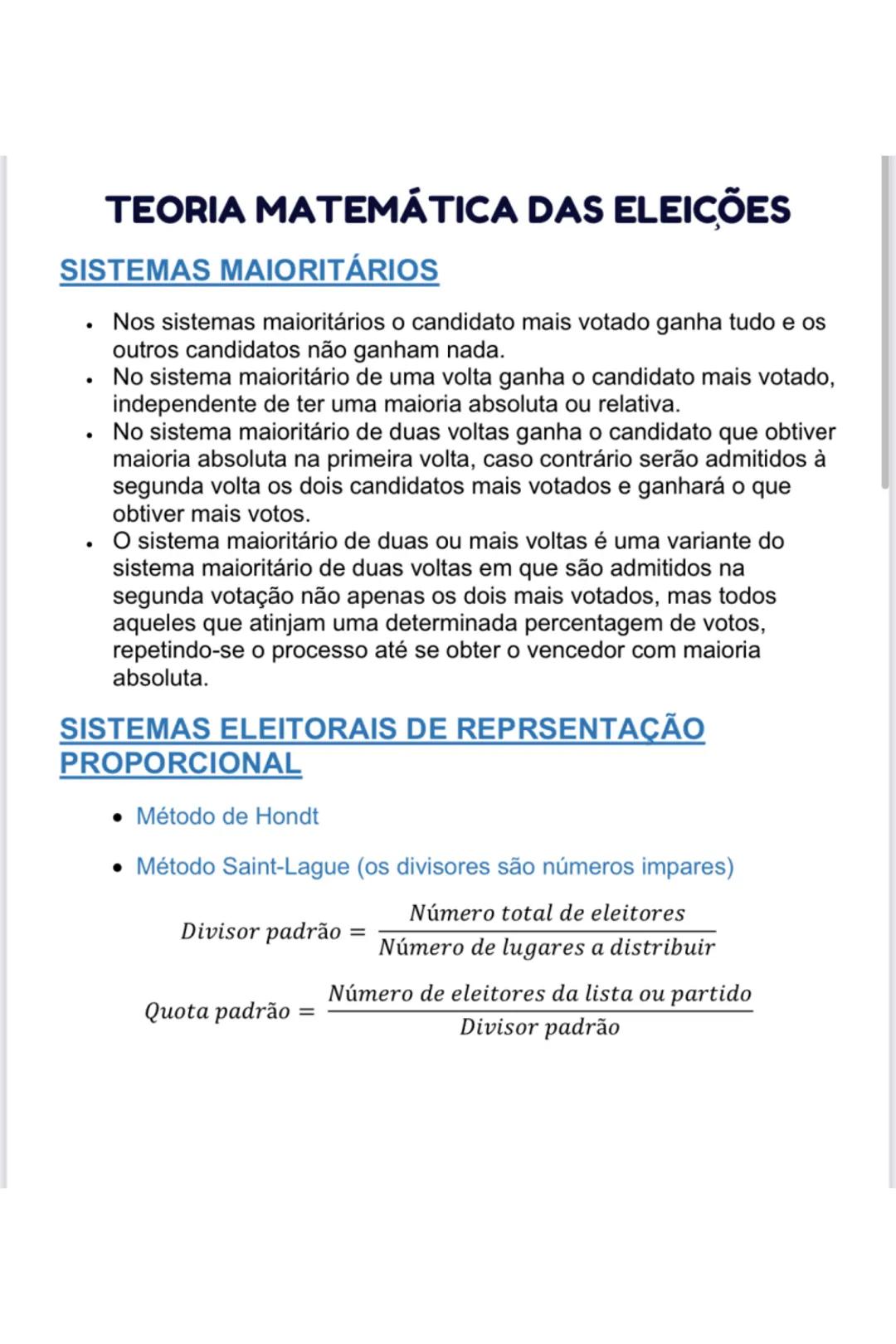 # TEORIA MATEMÁTICA DAS ELEIÇÕES
## SISTEMAS MAIORITÁRIOS
- Nos sistemas maioritários o candidato mais votado ganha tudo e os
outros candi