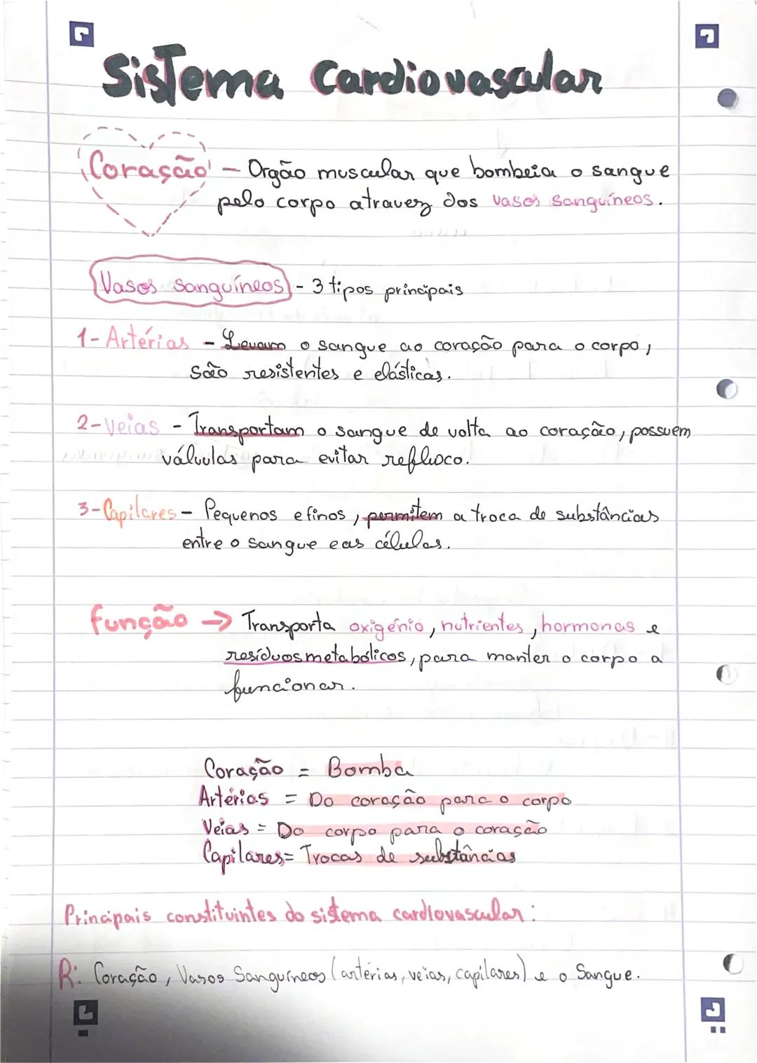 # Sistema Cardiovascular
(Coração - Orgão muscular que bombeia
o sangue
pelo corpo atraves dos vasos sanguíneos..
(Vasos sanguíneos) - 3 t