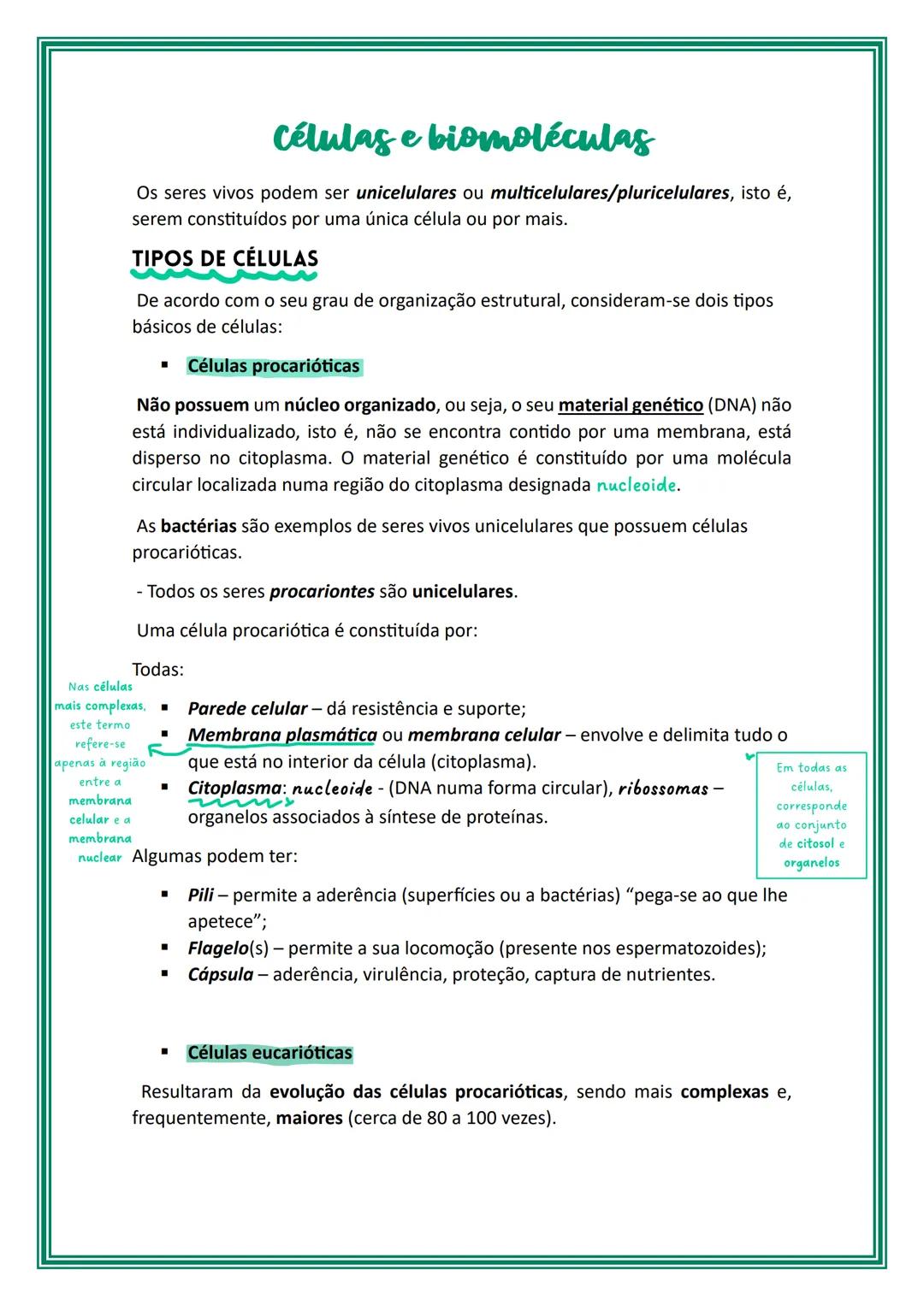 # Células e biomoléculas
Os seres vivos podem ser unicelulares ou multicelulares/pluricelulares, isto é,
serem constituídos por uma única c